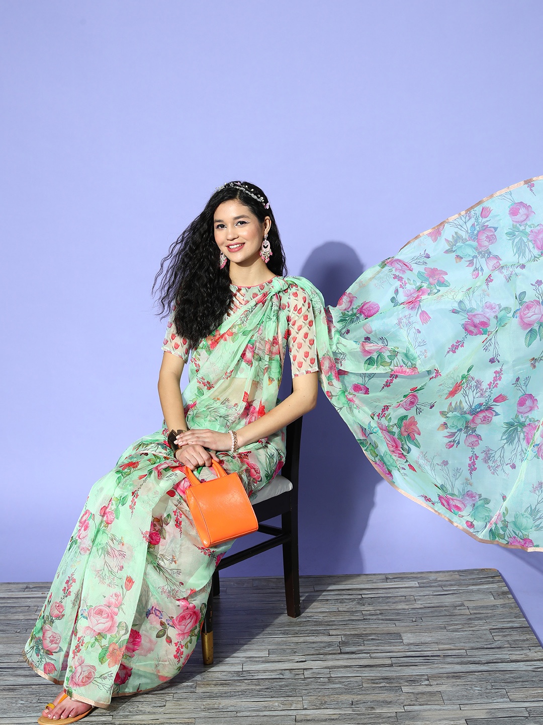 

Mitera Sea Green Floral Phulkari Organza Block Print Saree