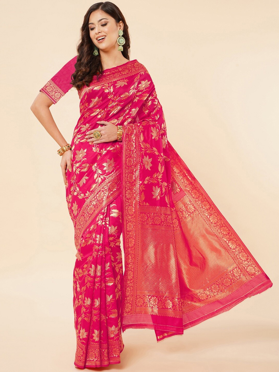 

ZIKARAA Woven Design Zari Pure Silk Banarasi Saree, Pink