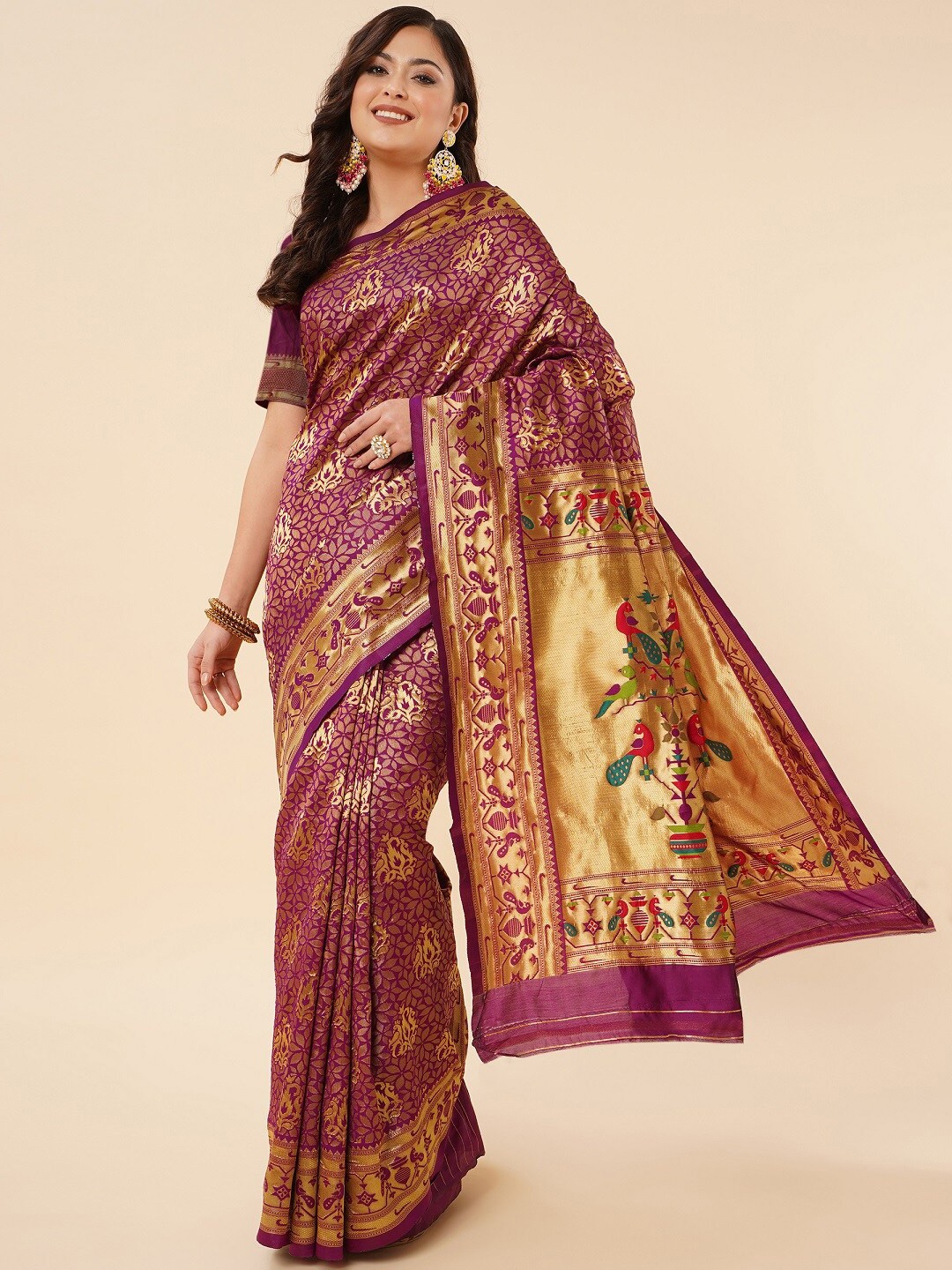 

ZIKARAA Ethnic Motifs Zari Pure Silk Banarasi Saree, Purple