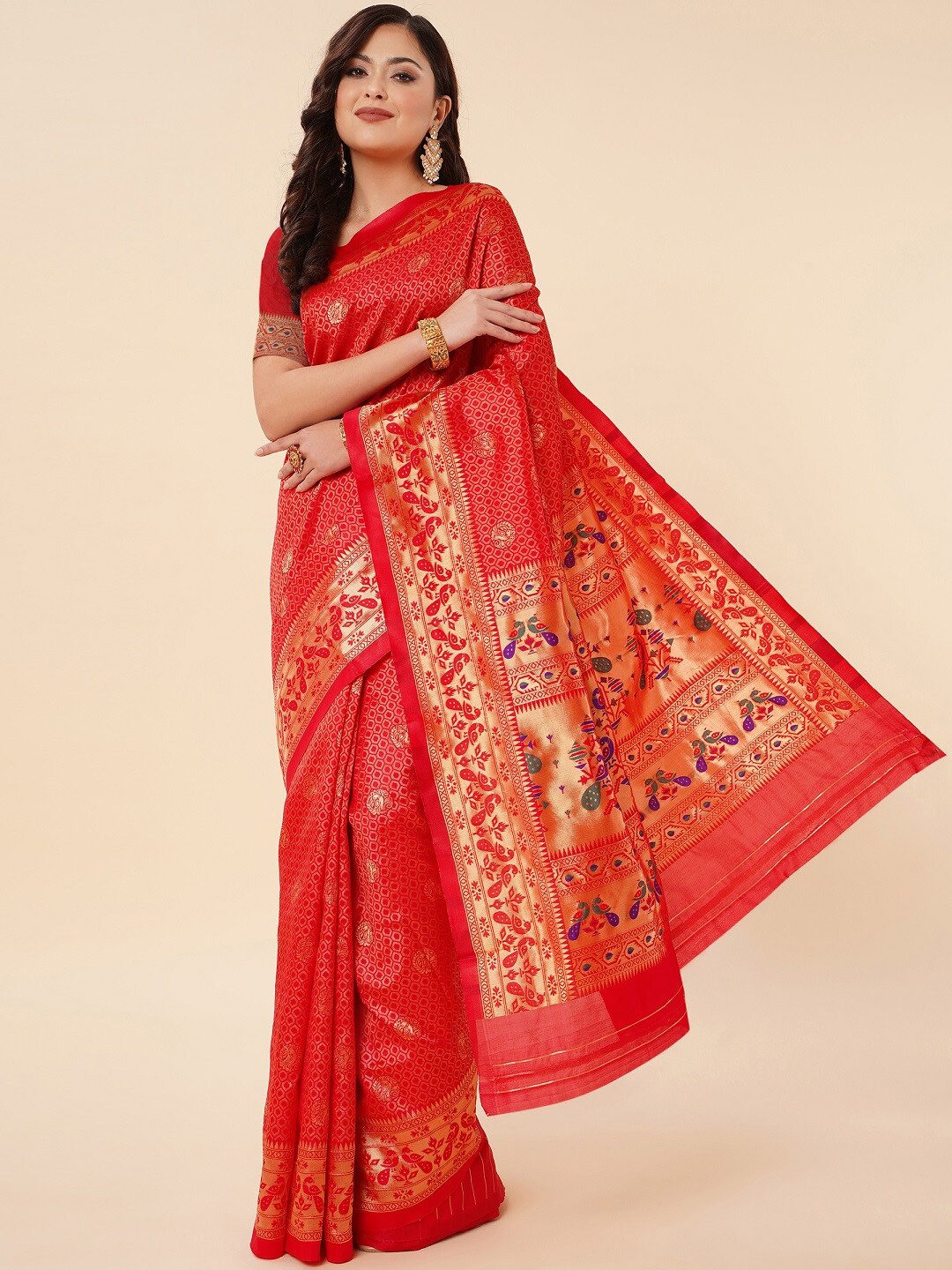 

ZIKARAA Ethnic Motifs Zari Pure Silk Banarasi Saree, Red