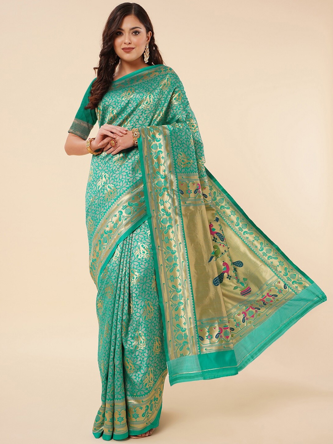 

ZIKARAA Ethnic Motifs Zari Pure Silk Banarasi Saree, Green