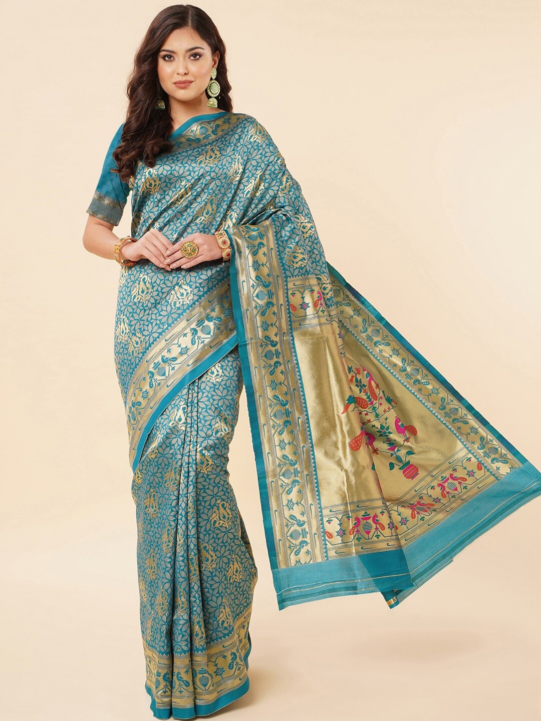 

ZIKARAA Woven Design Zari Pure Silk Banarasi Saree, Turquoise blue