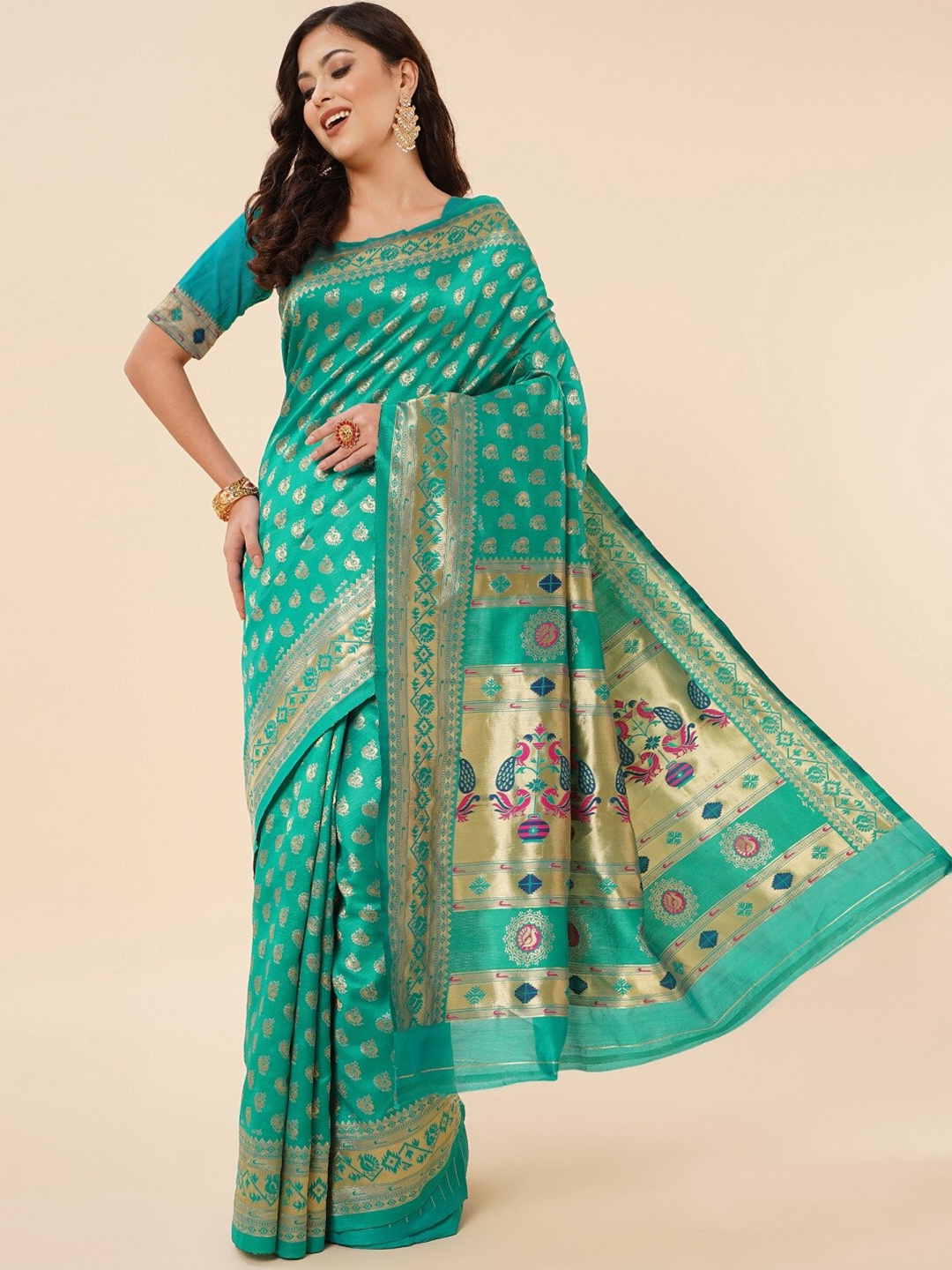 

ZIKARAA Ethnic Motifs Zari Pure Silk Banarasi Saree, Green