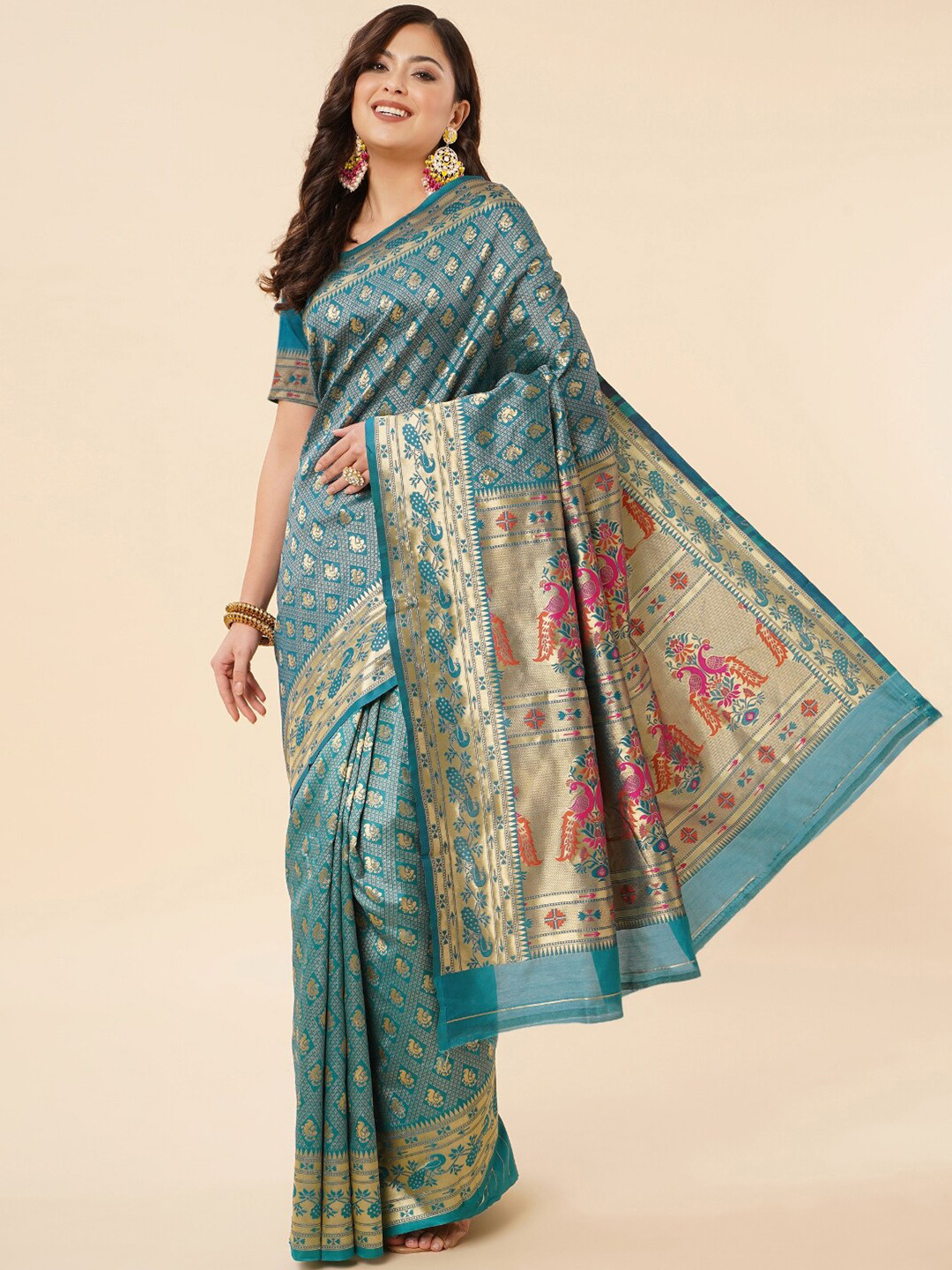 

ZIKARAA Woven Design Zari Pure Silk Banarasi Saree, Turquoise blue