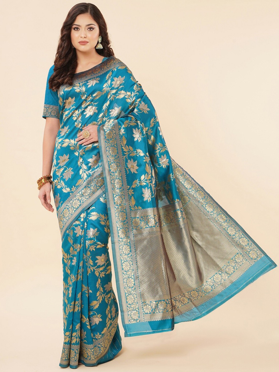 

ZIKARAA Woven Design Zari Pure Silk Banarasi Saree, Turquoise blue