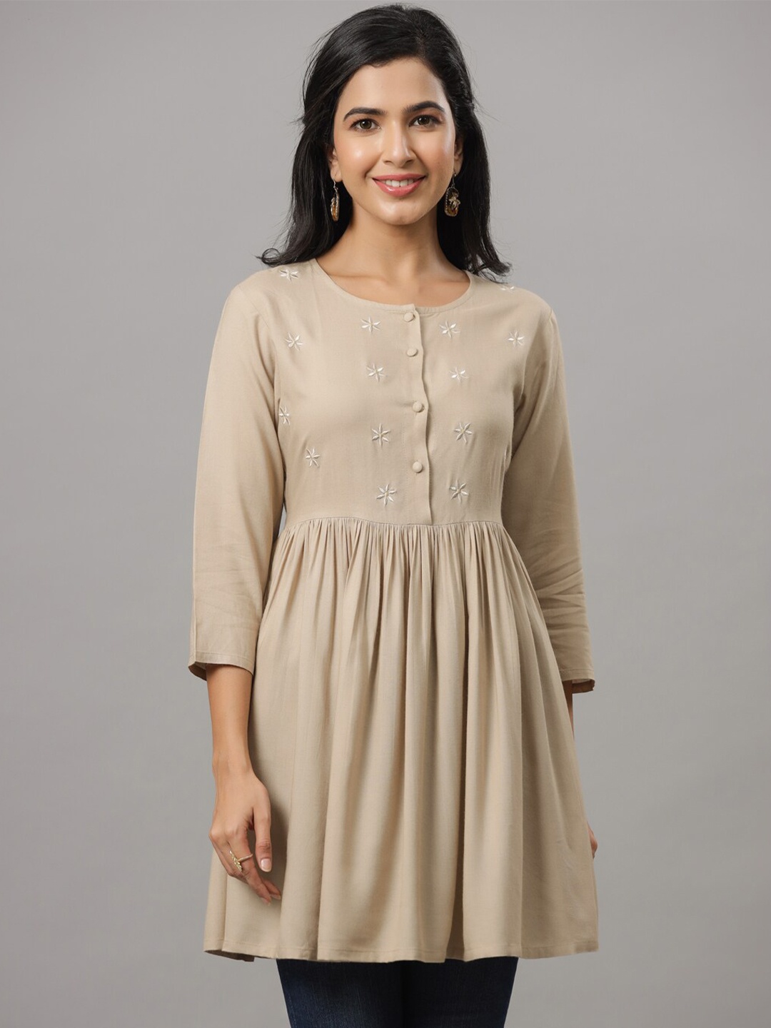 

Indian Virasat Floral Embroidered Longline Top, Camel brown