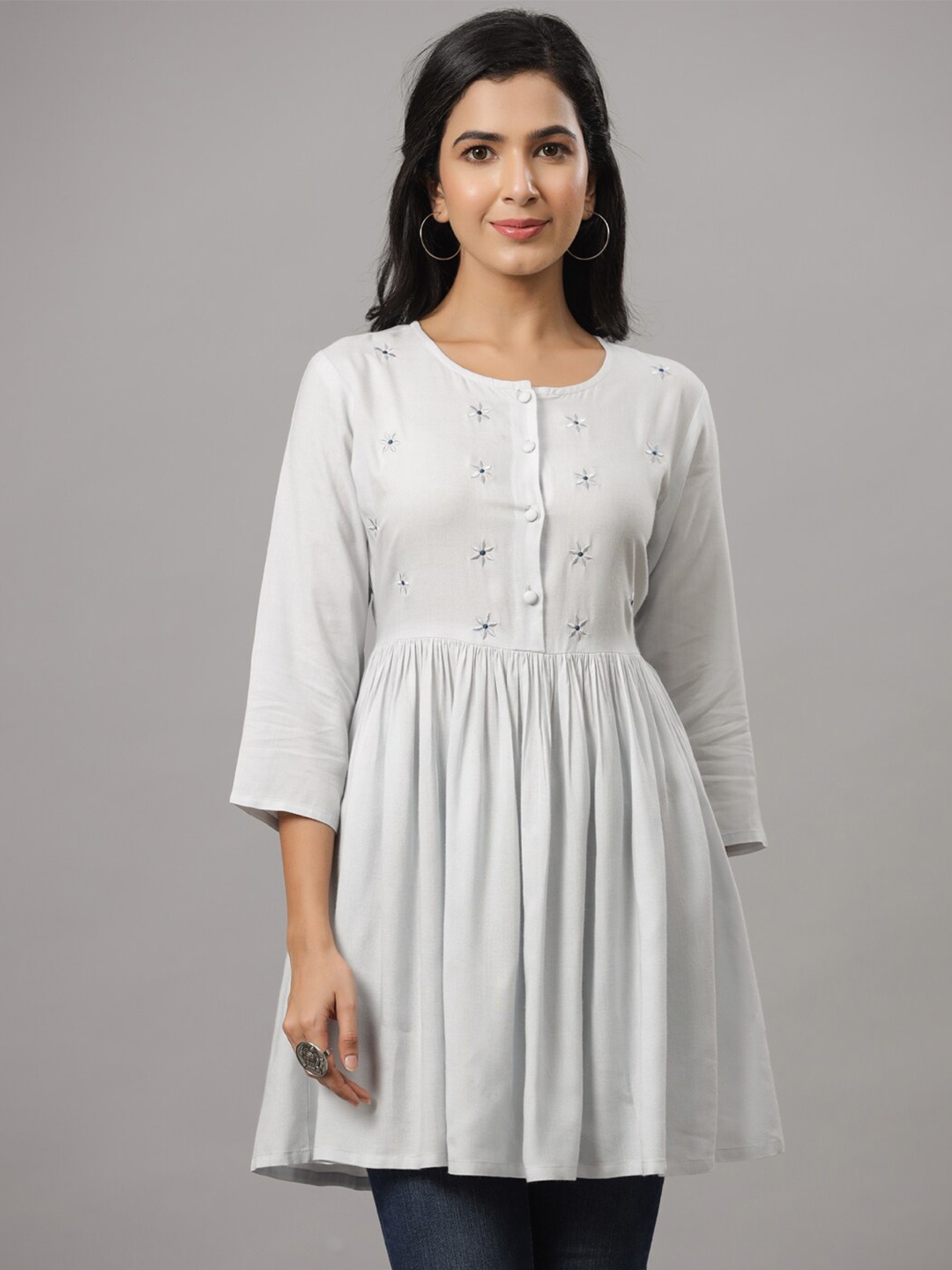 

Indian Virasat Floral Embroidered Longline Top, Grey melange