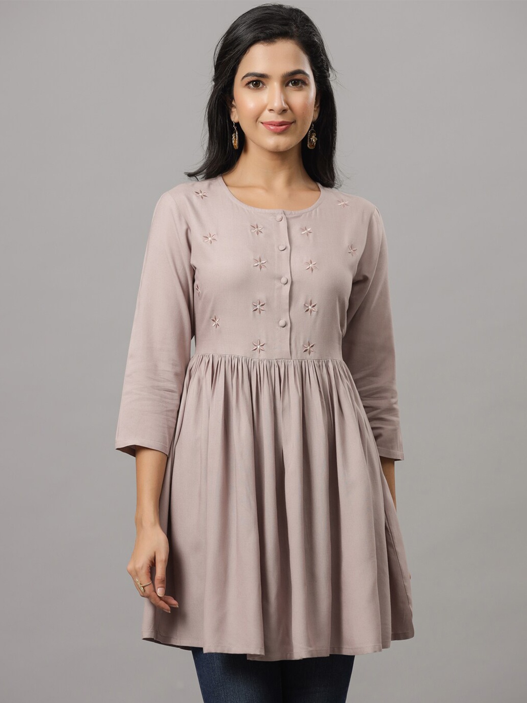 

Indian Virasat Floral Printed Longline Top, Taupe