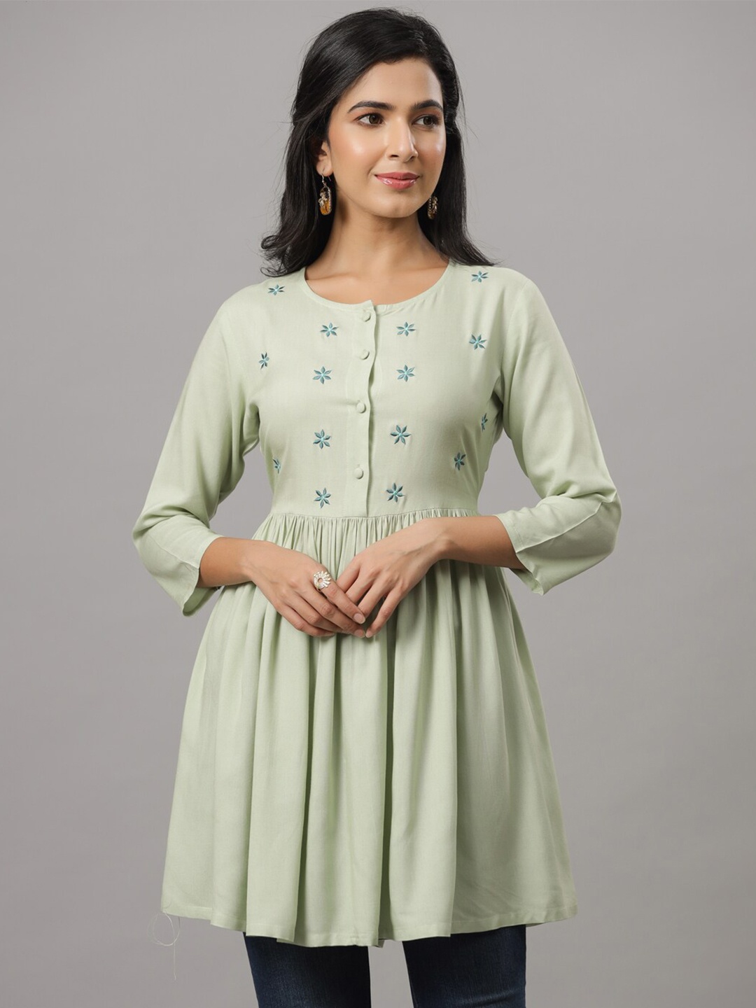 

Indian Virasat Floral Embroidered Pleated Kurti, Olive