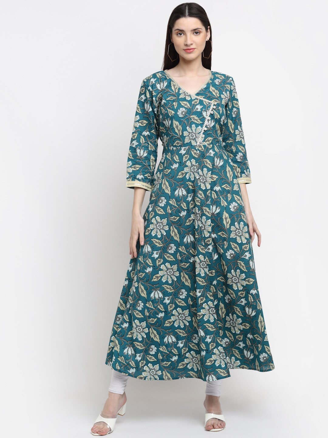 

KALINI Women Floral Printed Gotta Patti Anarkali Cotton Kurta, Turquoise blue