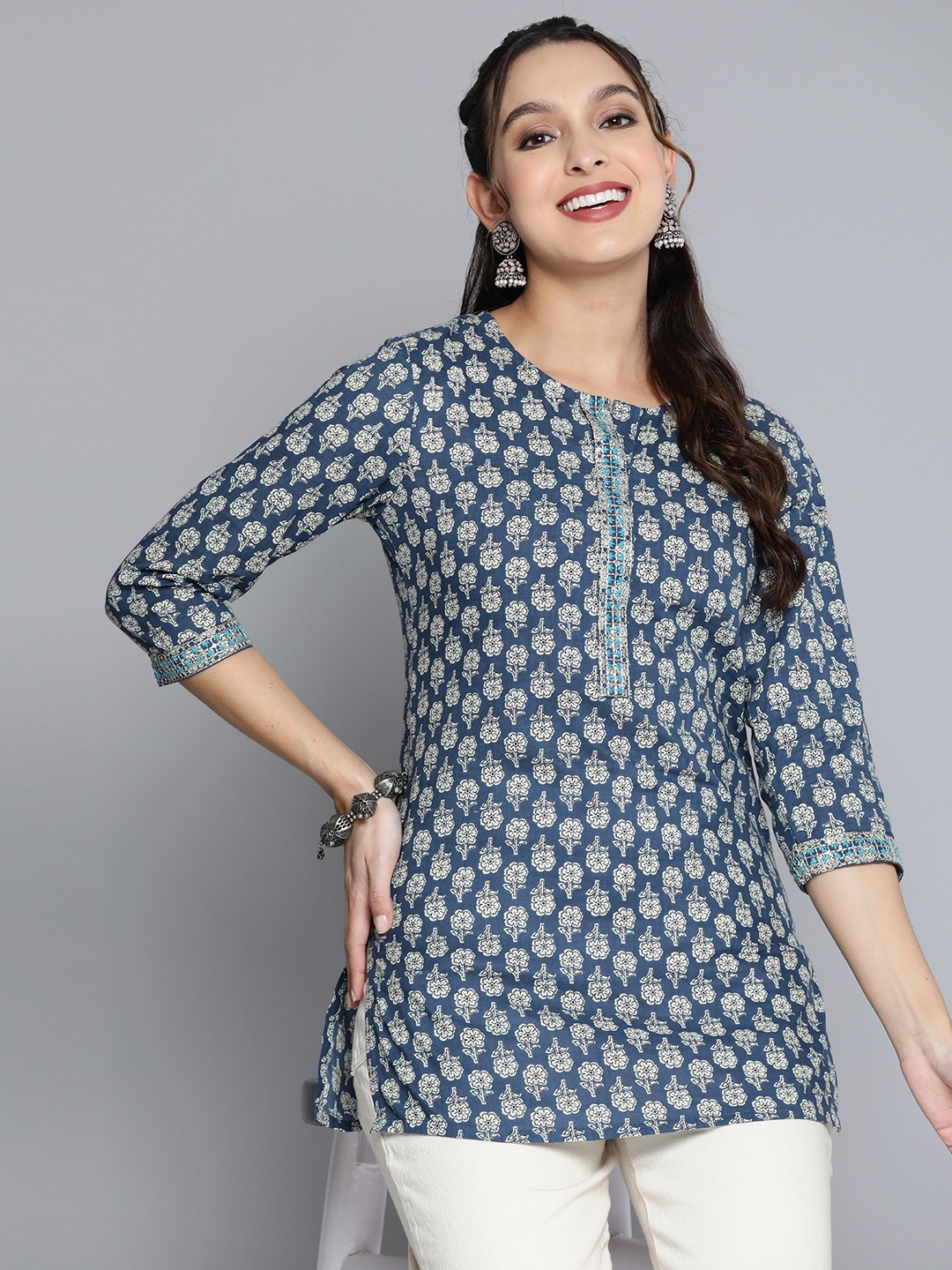 

HERE&NOW Ethnic Motifs Printed Sequinned Pure Cotton Kurti, Blue