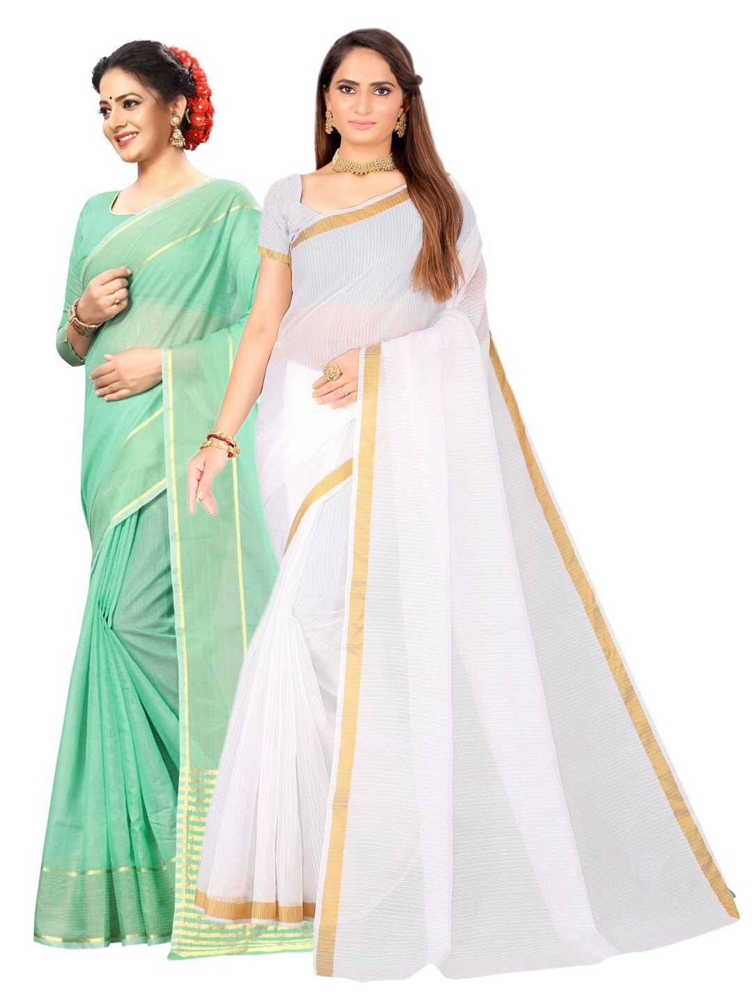 

Florence Pack Of 2 Zari Ilkal Saree, White