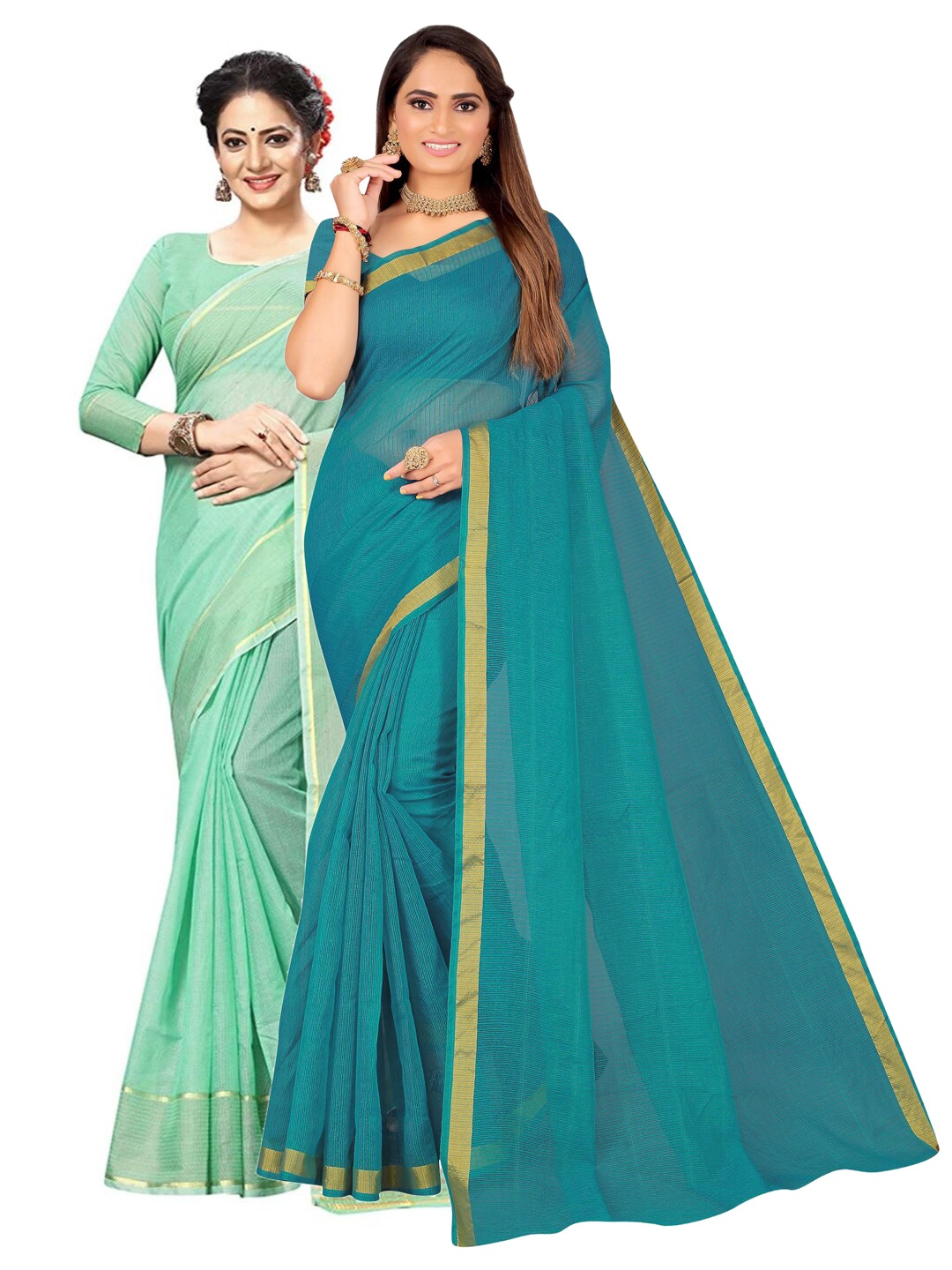 

Florence Pack Of 2 Zari Ilkal Sarees, Teal