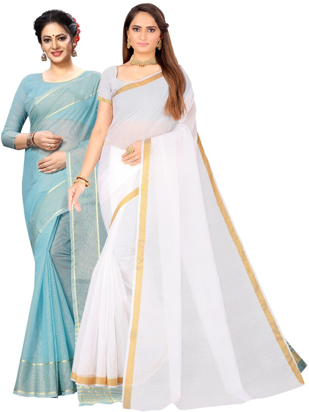 

Florence Pack of 2 Zari Silk Cotton Ilkal Saree, Off white