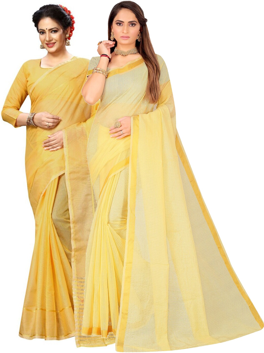 

Florence Pack Of 2 Striped Zari Ilkal Saree, Yellow