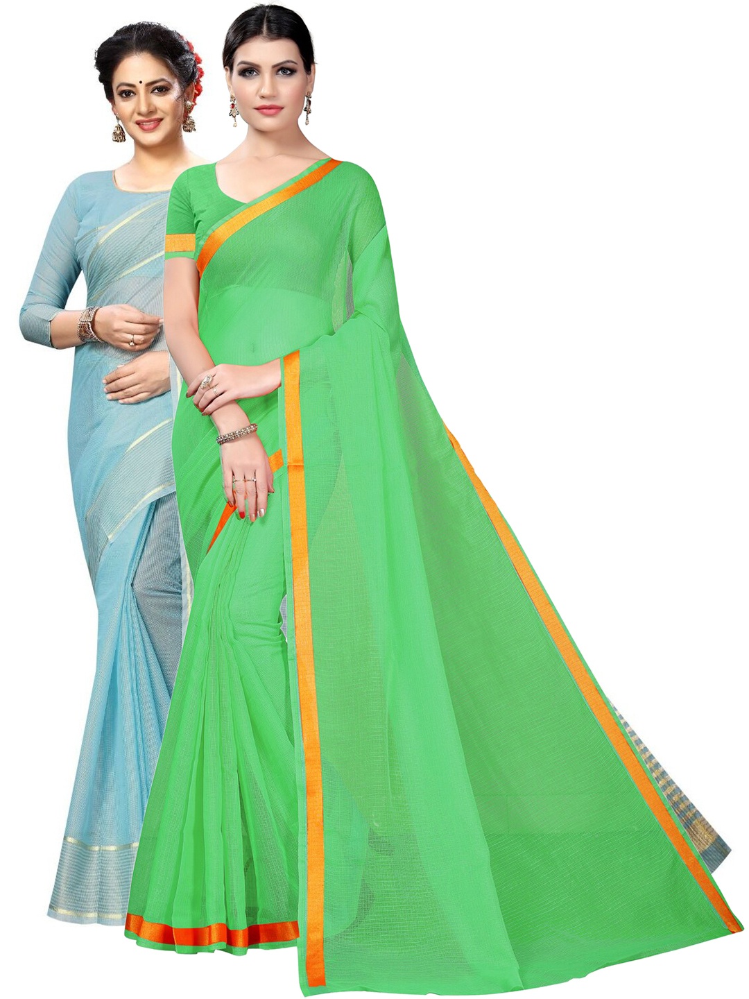 

Florence Pack of 2 Zari Ilkal Saree, Green