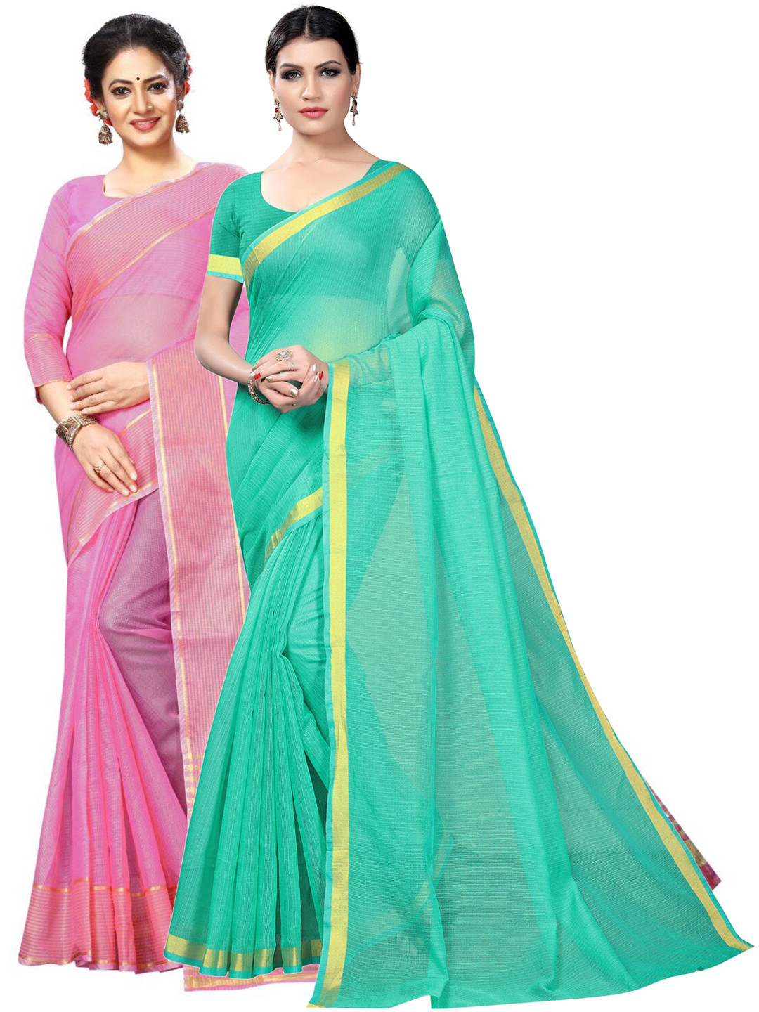 

Florence Pack of 2 Zari Ilkal Saree, Lime green