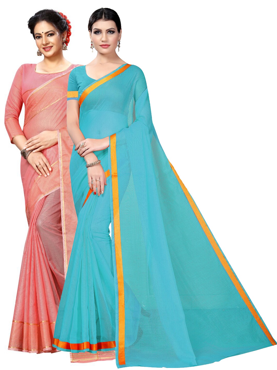 

Florence Pack Of 2 Zari Ilkal Saree, Turquoise blue