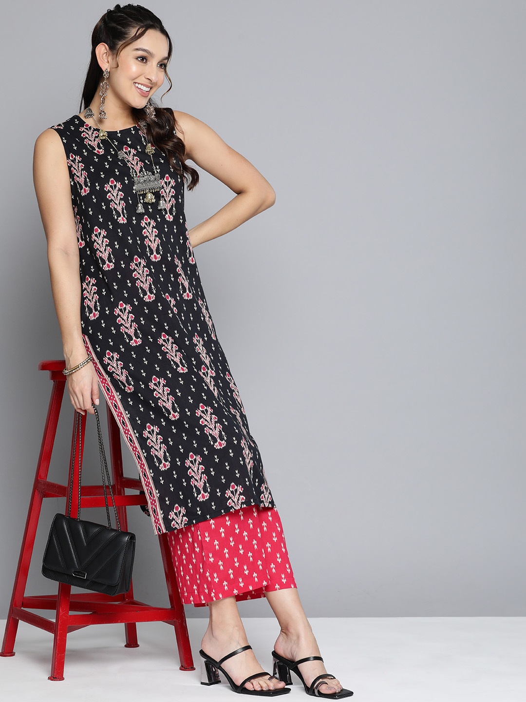 

HERE&NOW Women Ethnic Motifs Printed Pure Cotton Kurta With Palazzos, Black