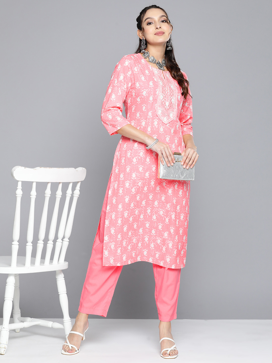 

HERE&NOW Women Ethnic Motifs Printed Sequinned Pure Cotton Kurta With Trousers, Pink