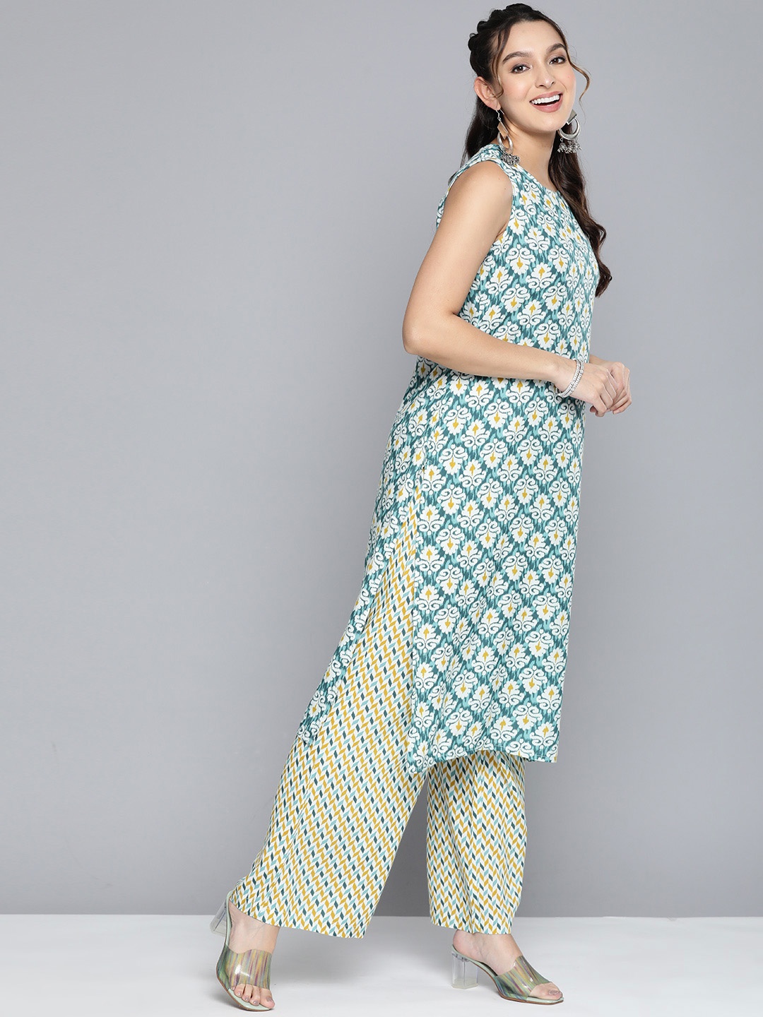 

HERE&NOW Women Ethnic Motifs Printed Pure Cotton Kurta With Palazzos, Blue