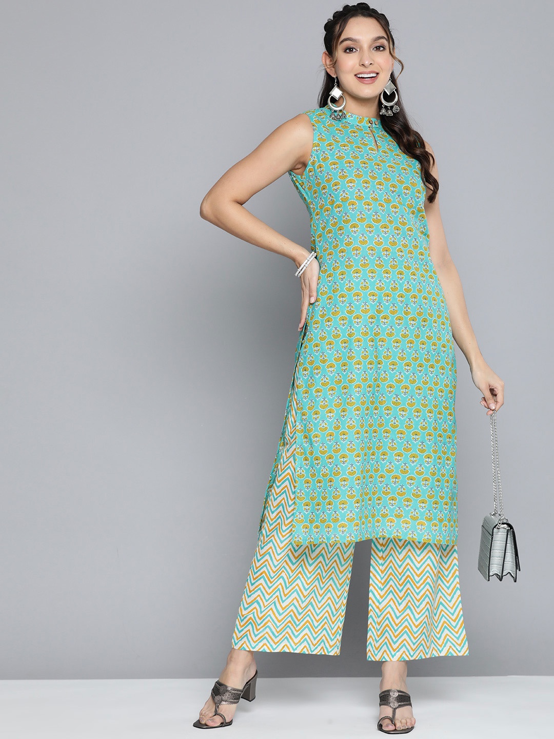 

HERE&NOW Women Ethnic Motifs Printed Pure Cotton Kurta With Palazzos, Teal