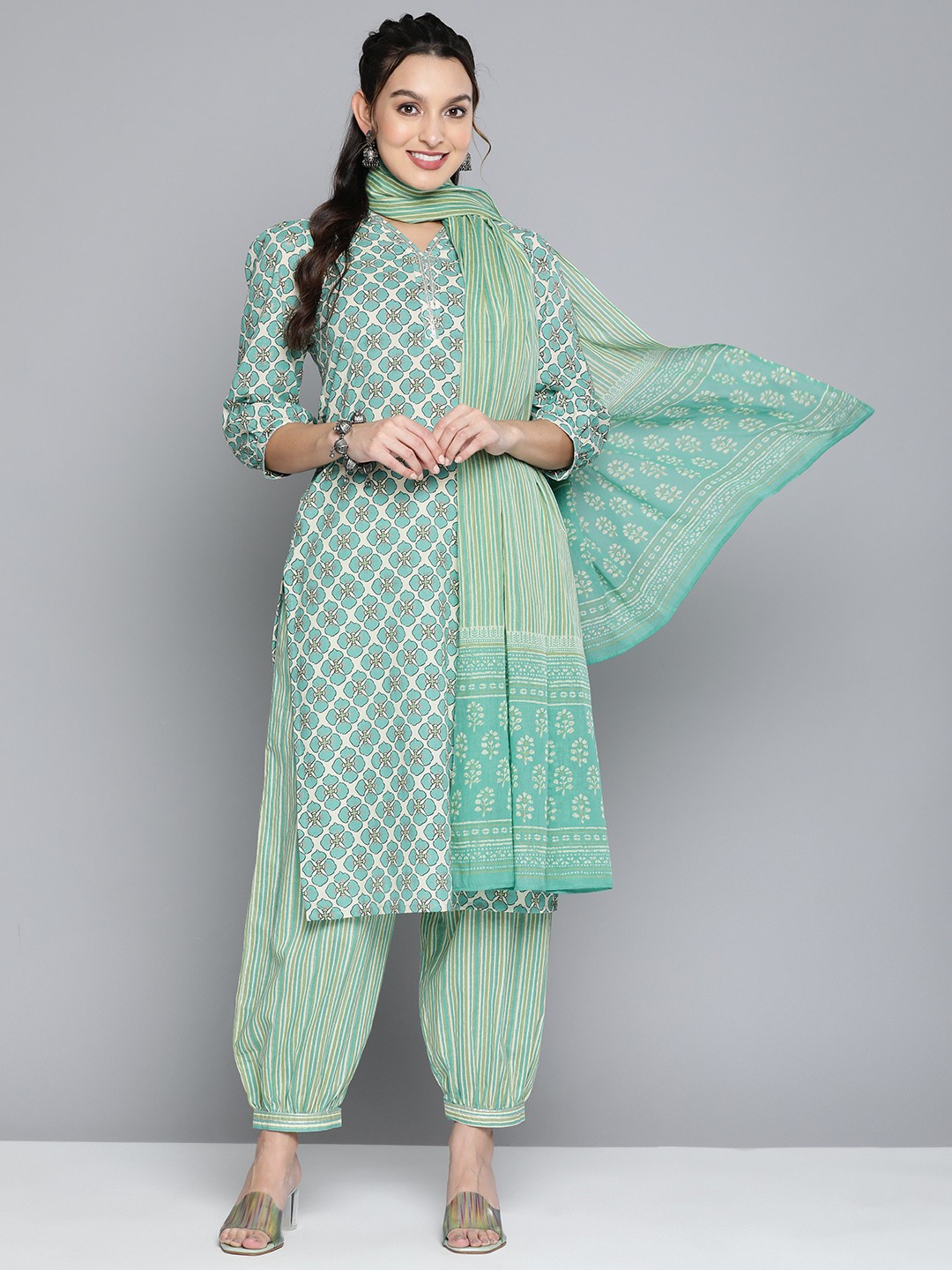 

HERE&NOW Women Off White Ethnic Motifs Printed Pure Cotton Kurta with Palazzos & With Dupatta