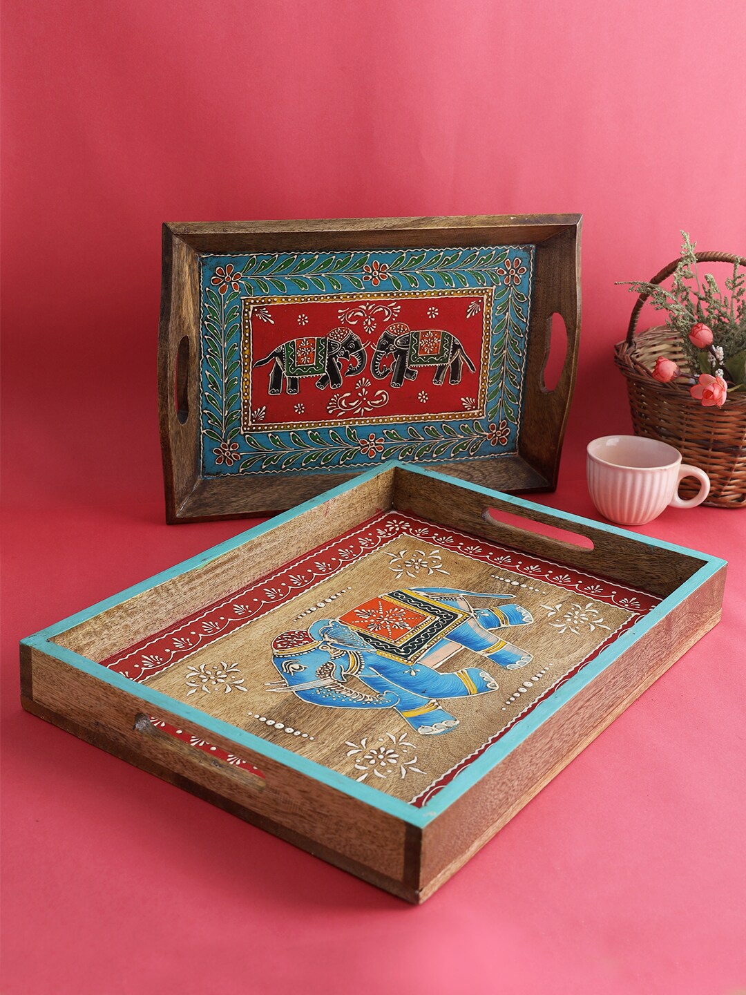 

Aapno Rajasthan Set Of 2 Brown & Red Printed Wooden Trays