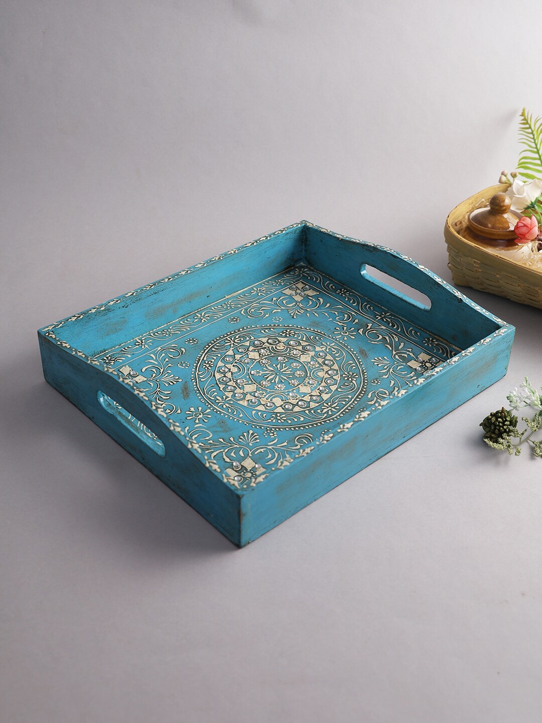 

Aapno Rajasthan Blue Printed Wooden Serving Tray