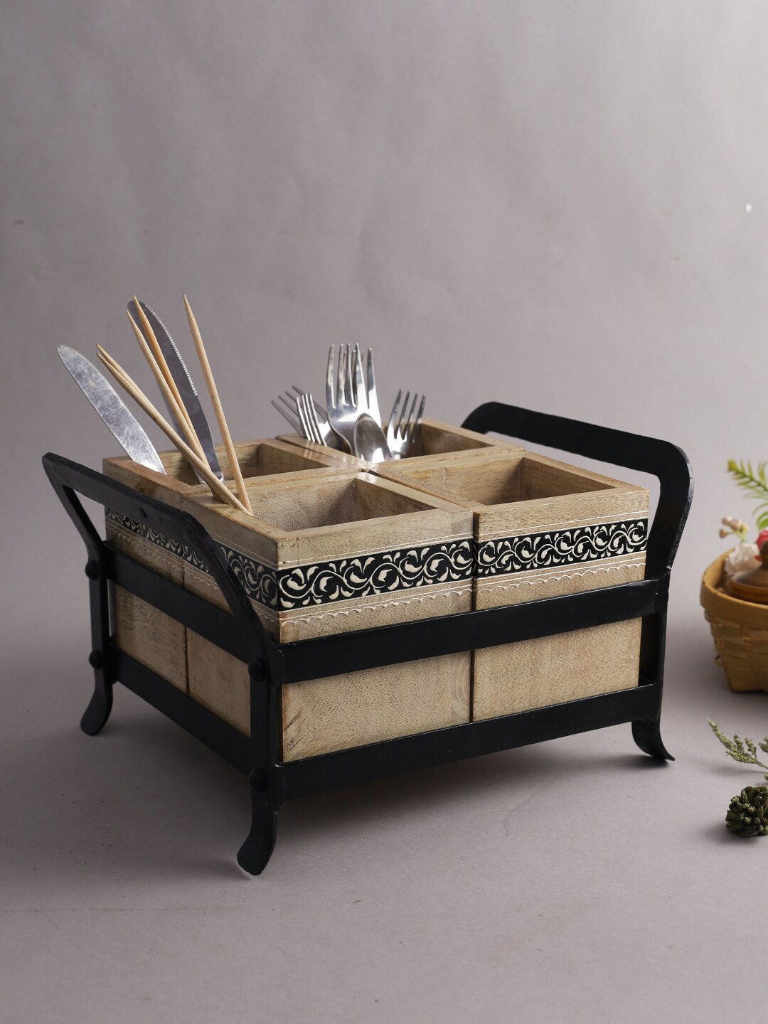 

Aapno Rajasthan Beige & Black Handcrafted 4 Section Wooden Organiser