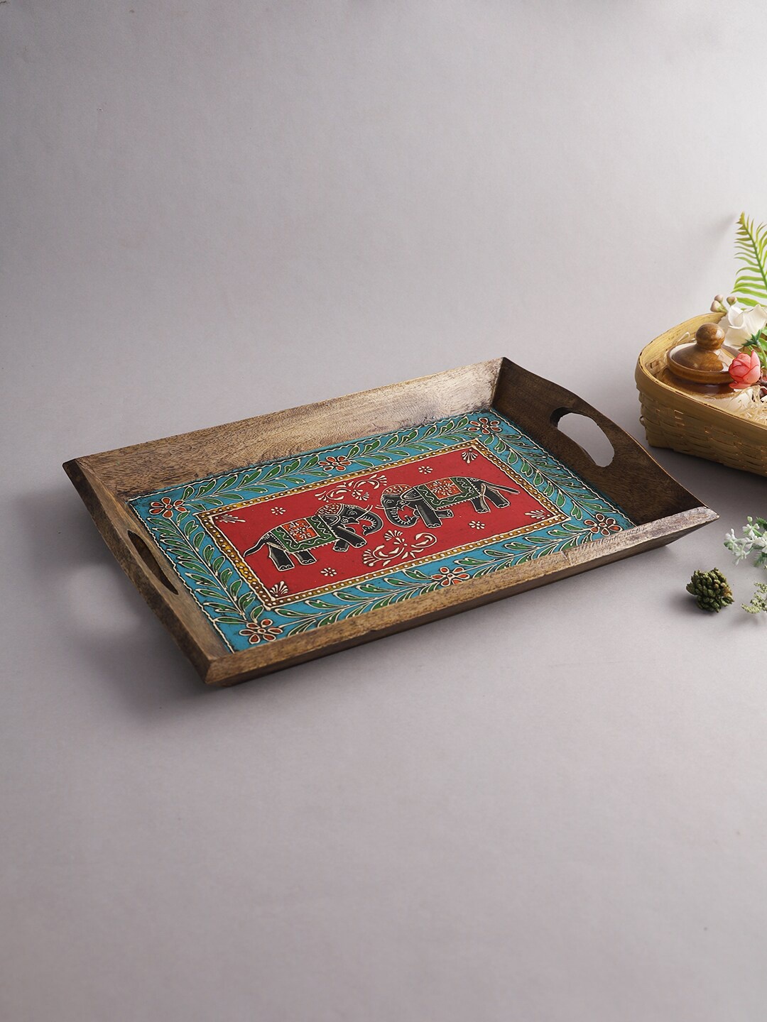 

Aapno Rajasthan Teal Blue & Brown Elephant Printed Wooden Tray