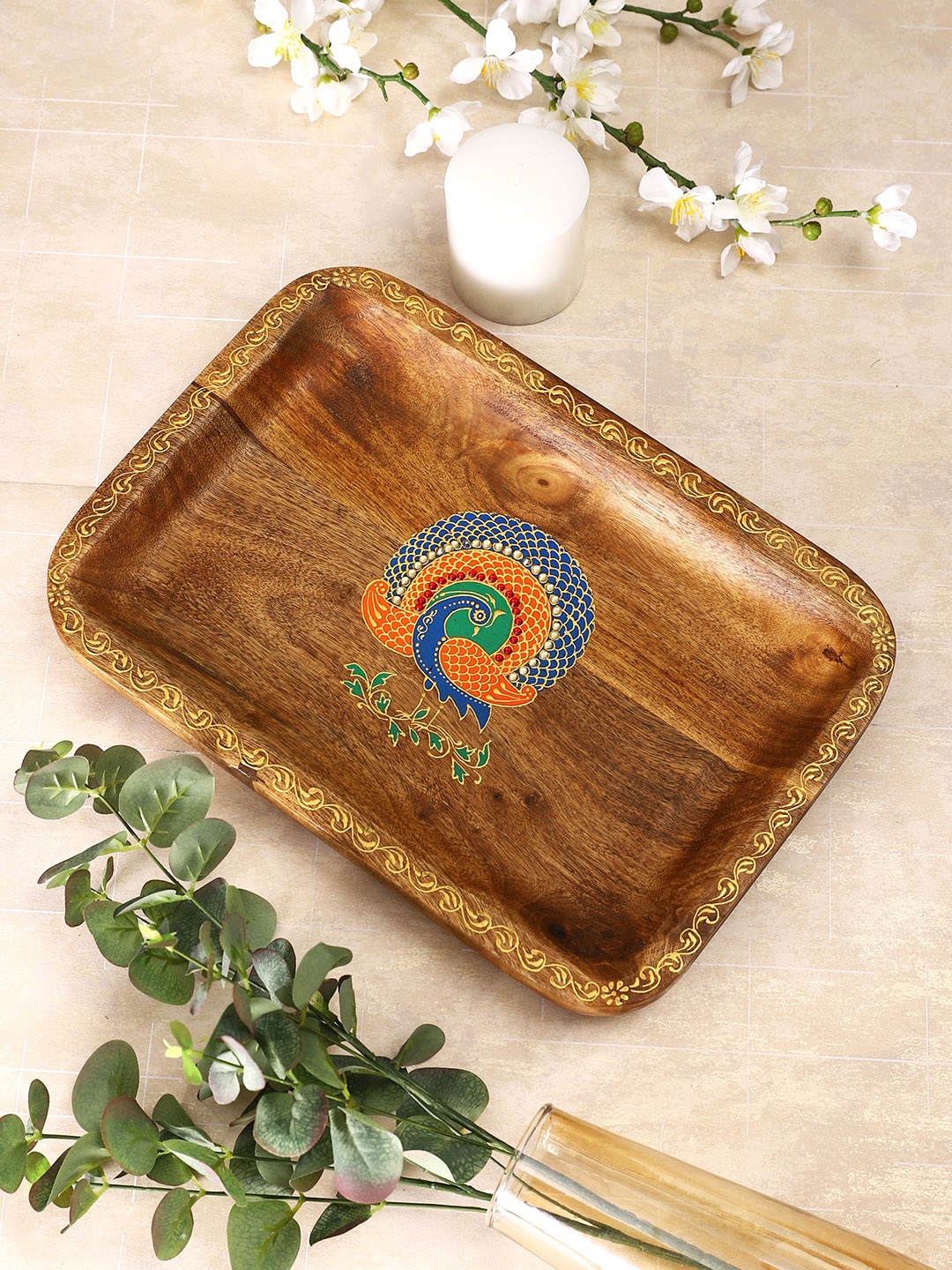 

Aapno Rajasthan Brown Printed Wooden Serving Tray