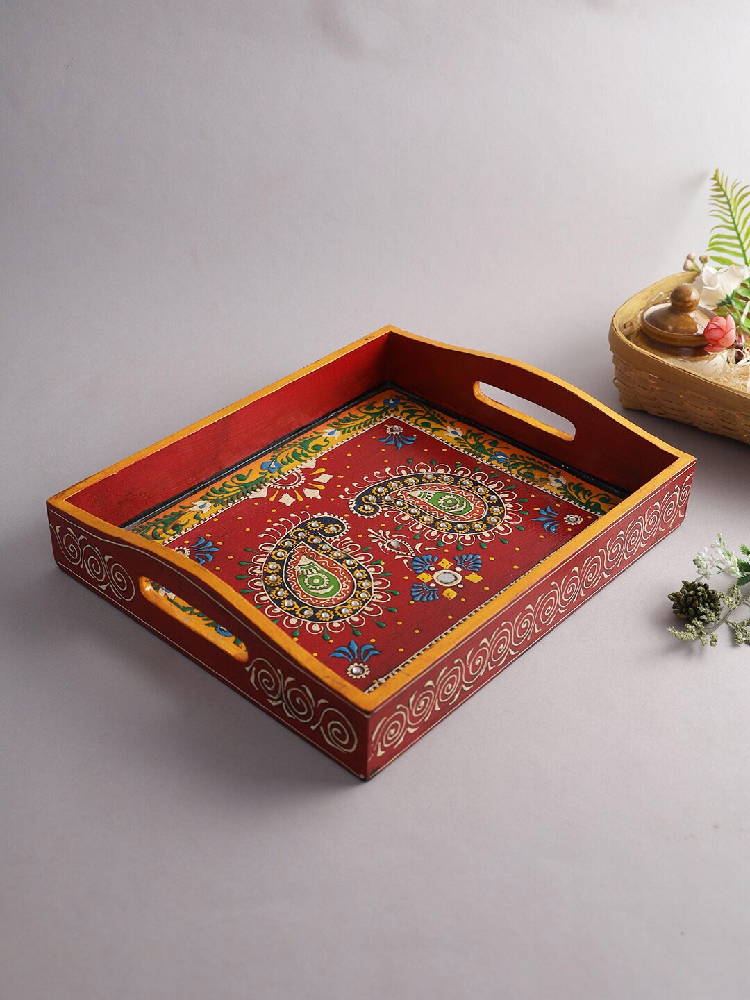 

Aapno Rajasthan Paisley Design Red Embedded Wooden Serving Trays