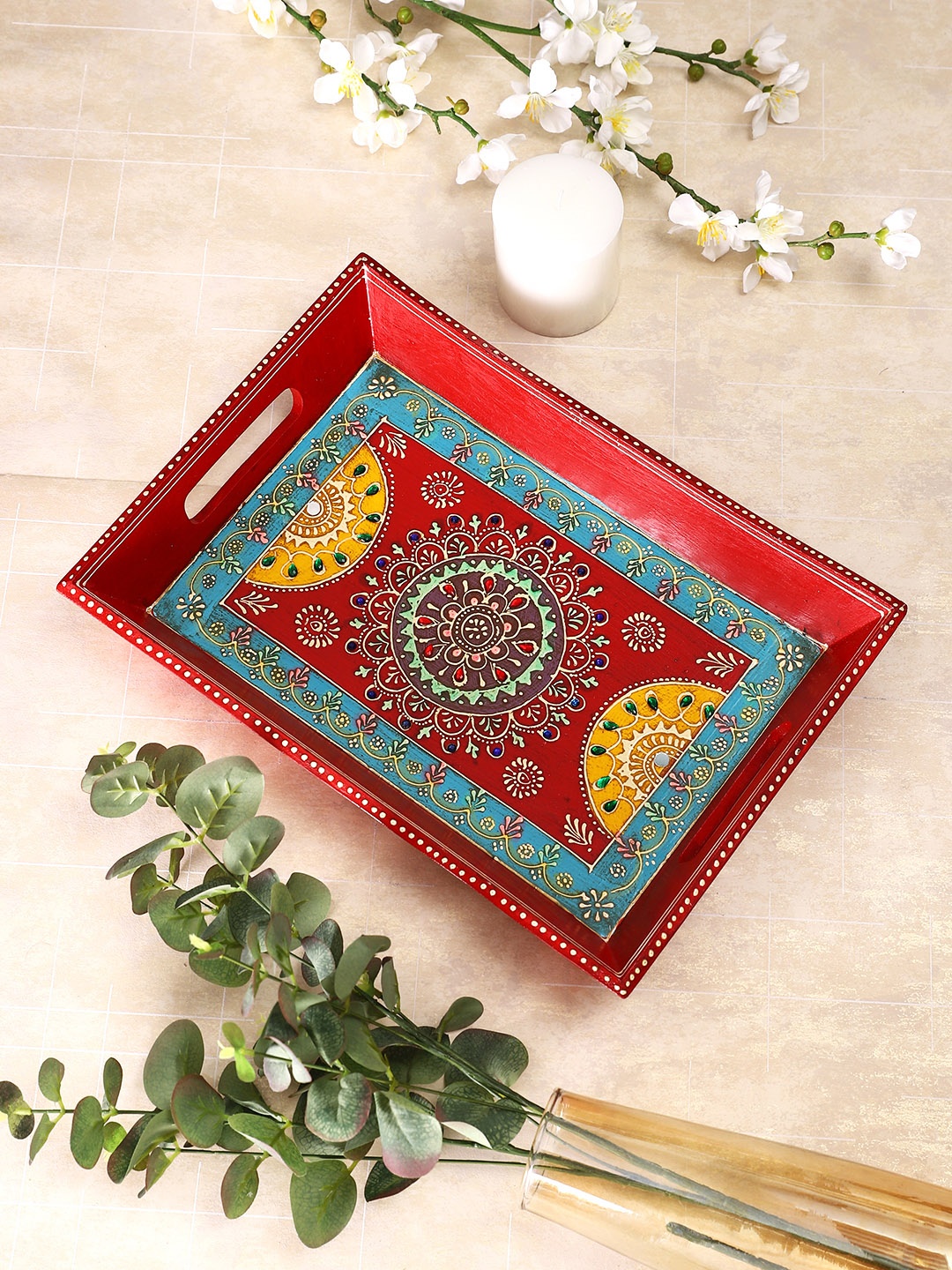 

Aapno Rajasthan Red & Yellow Printed Wooden Tray