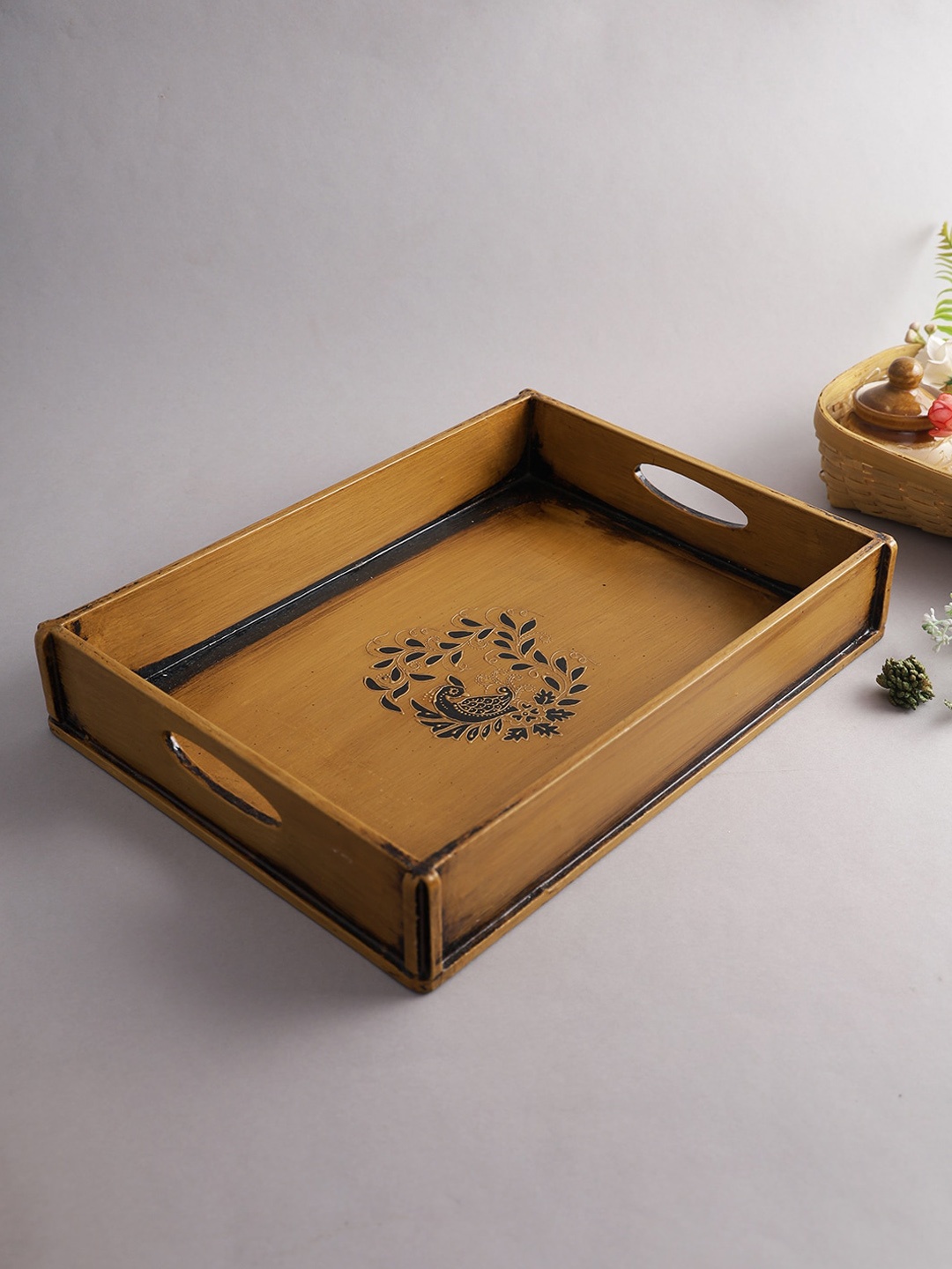 

Aapno Rajasthan Brown Peacock Printed Wooden Serving Tray