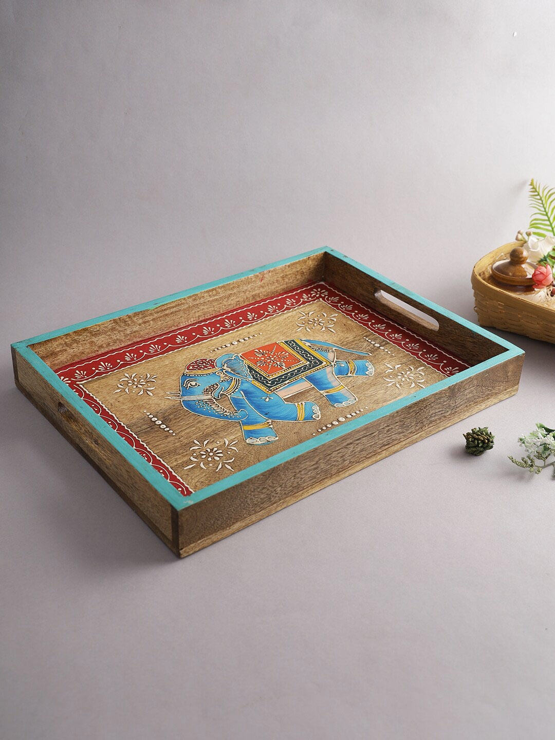 

Aapno Rajasthan Brown & Red Printed Wooden Tray