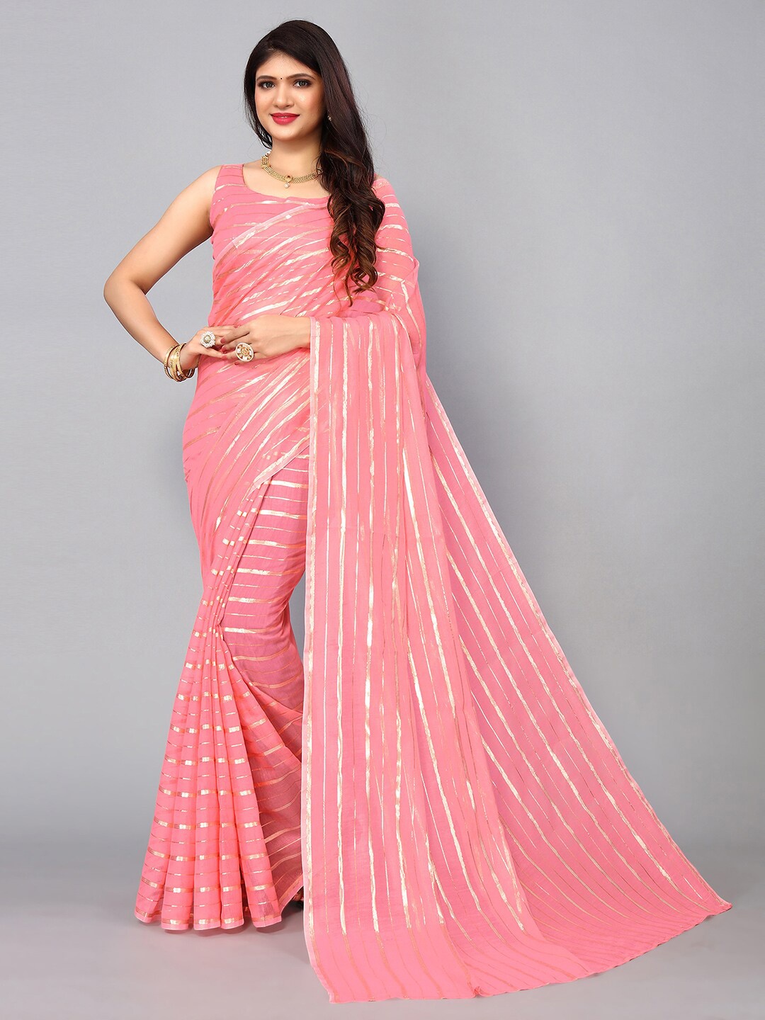 

KALINI Striped Zari Saree, Pink