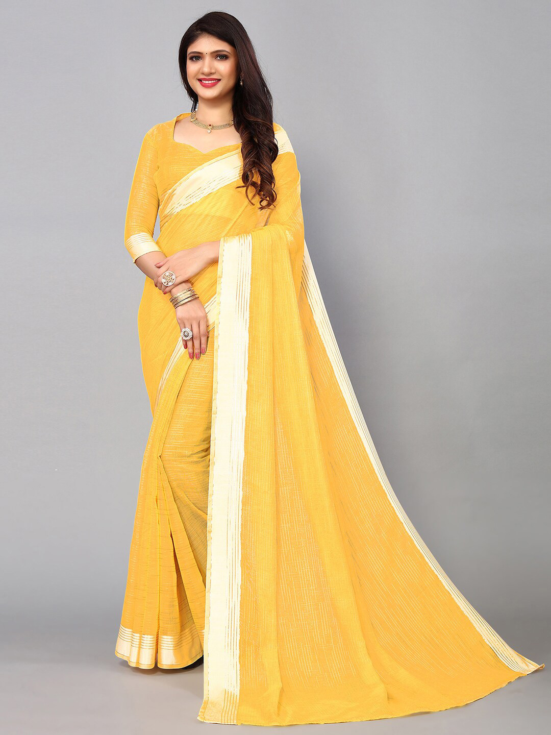 

KALINI Yellow & Gold-Toned Striped Zari Woven Design Saree