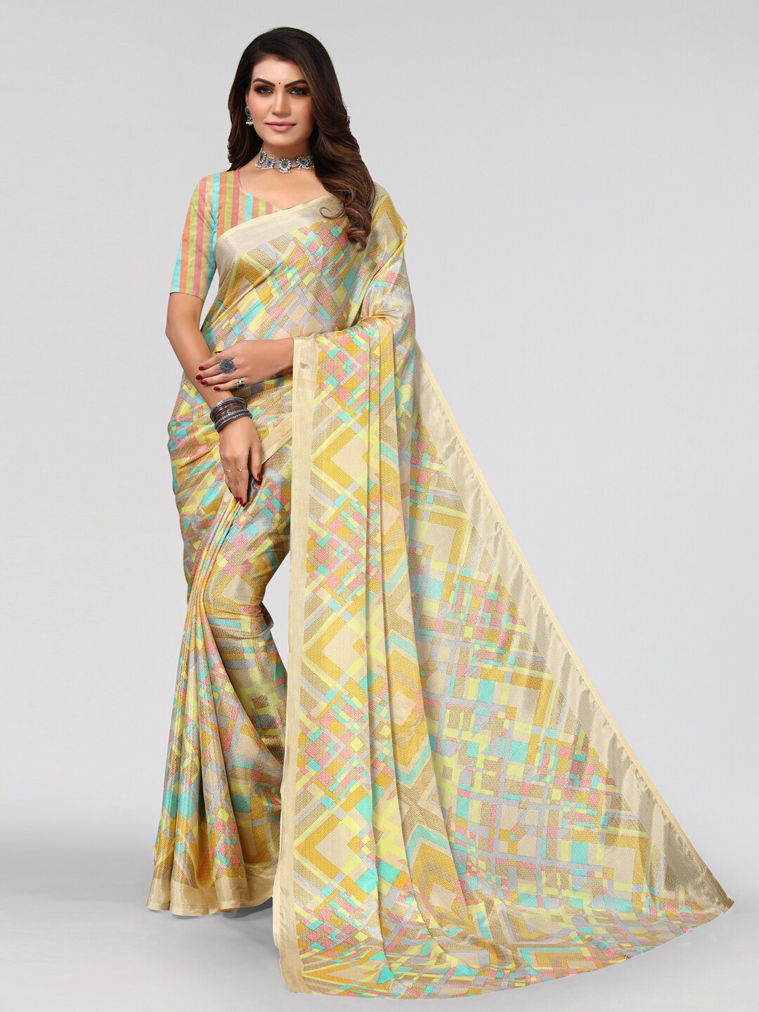 

KALINI Geometric Print Saree, Beige
