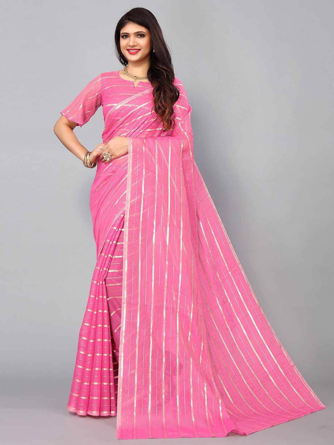 

KALINI Pink & Silver-Toned Striped Zari Woven Design Saree