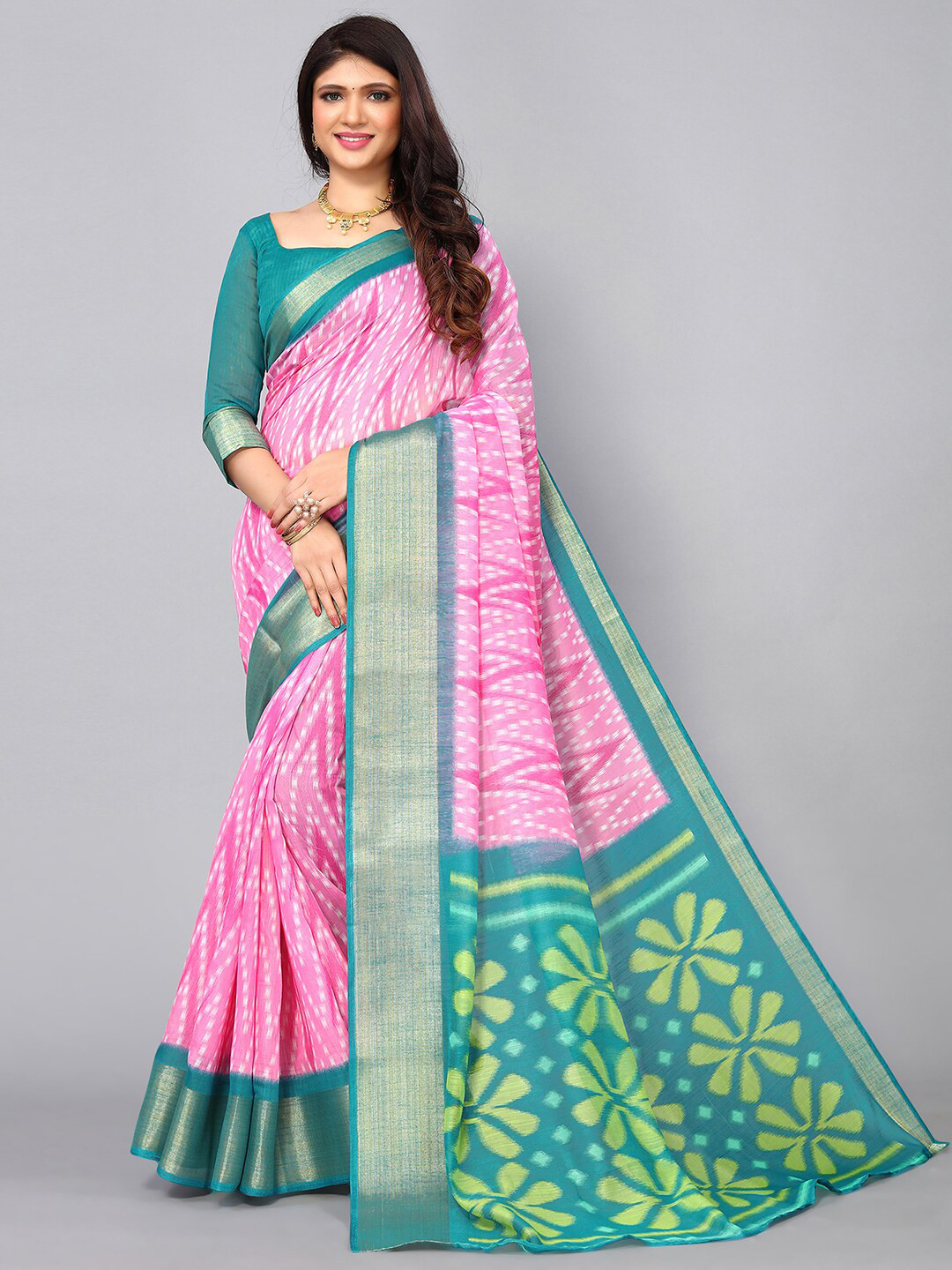 

KALINI Printed Zari Saree, Pink