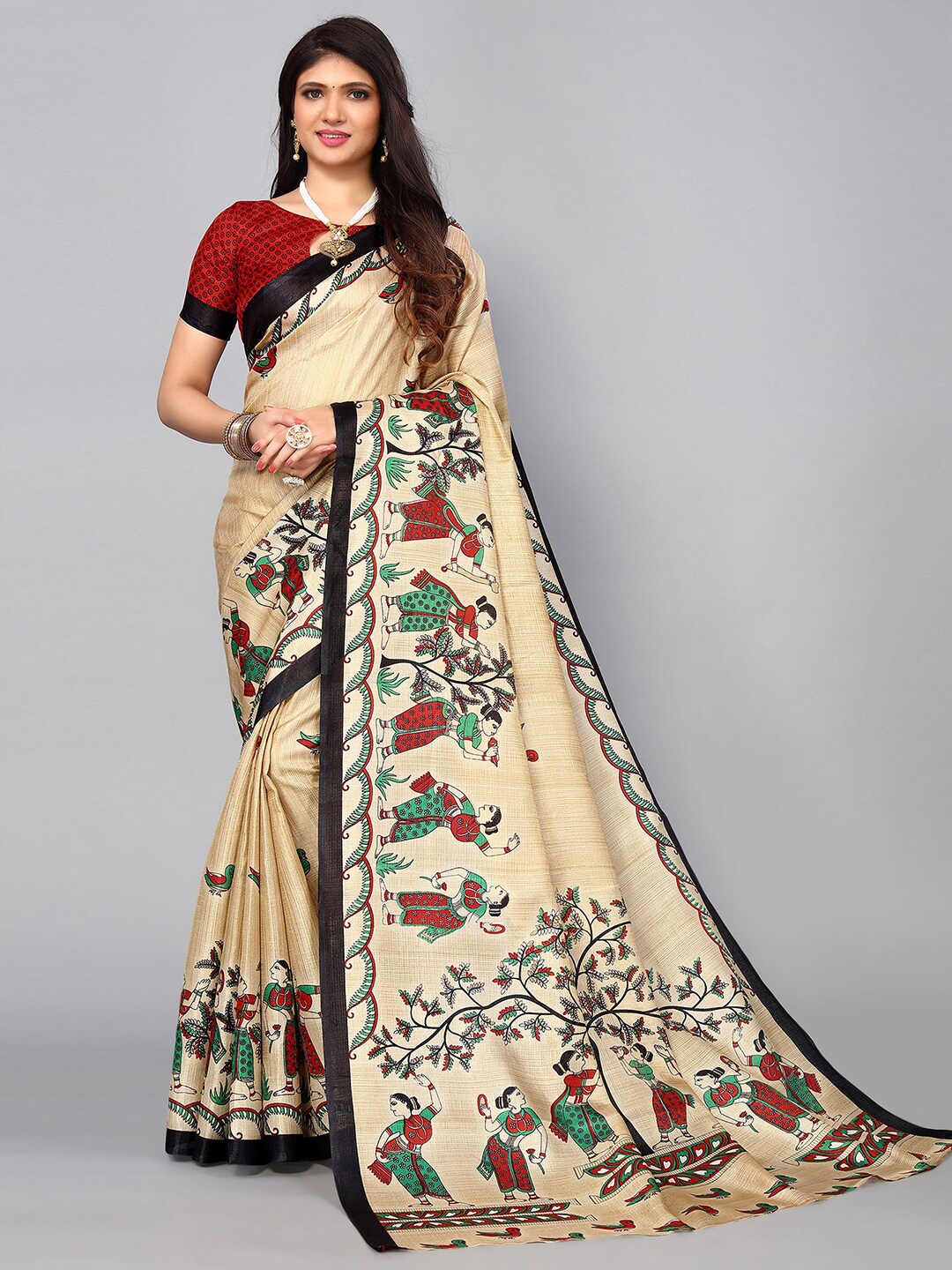 

KALINI Ethnic Motifs Khadi Saree, Beige