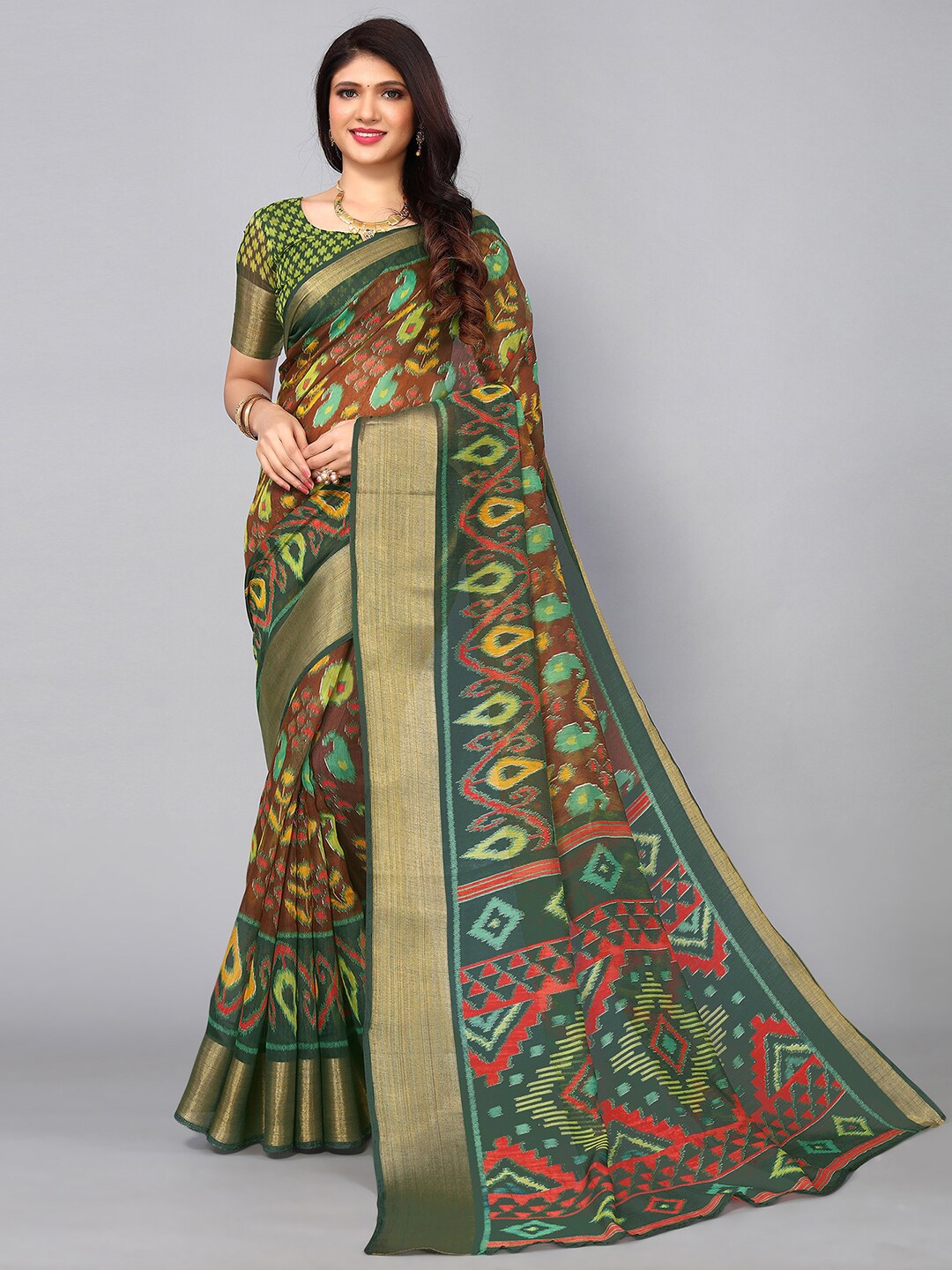 

KALINI Ethnic Motifs Zari Saree, Green