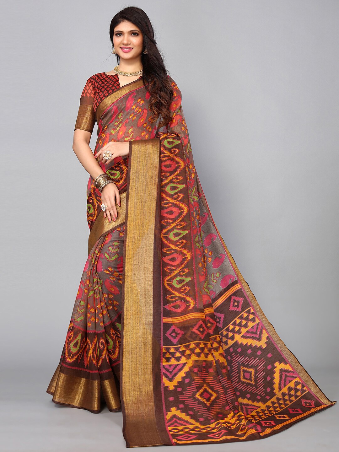 

KALINI Ethnic Motifs Printed Festive Saree, Brown