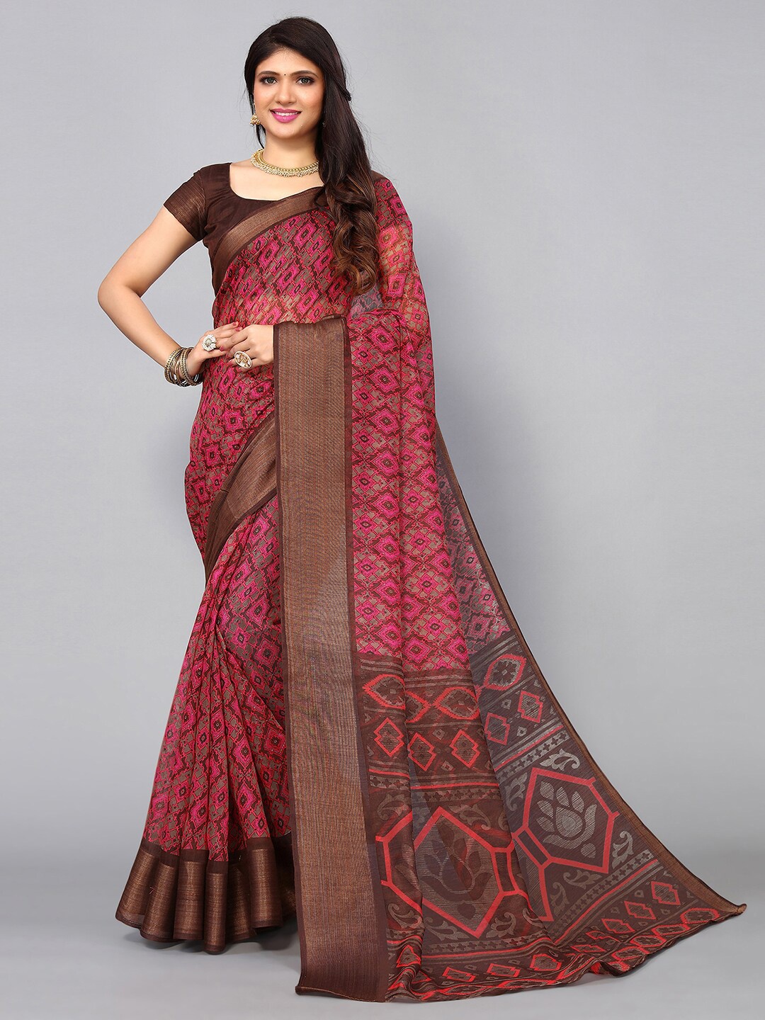 

KALINI Printed Zari Saree, Brown