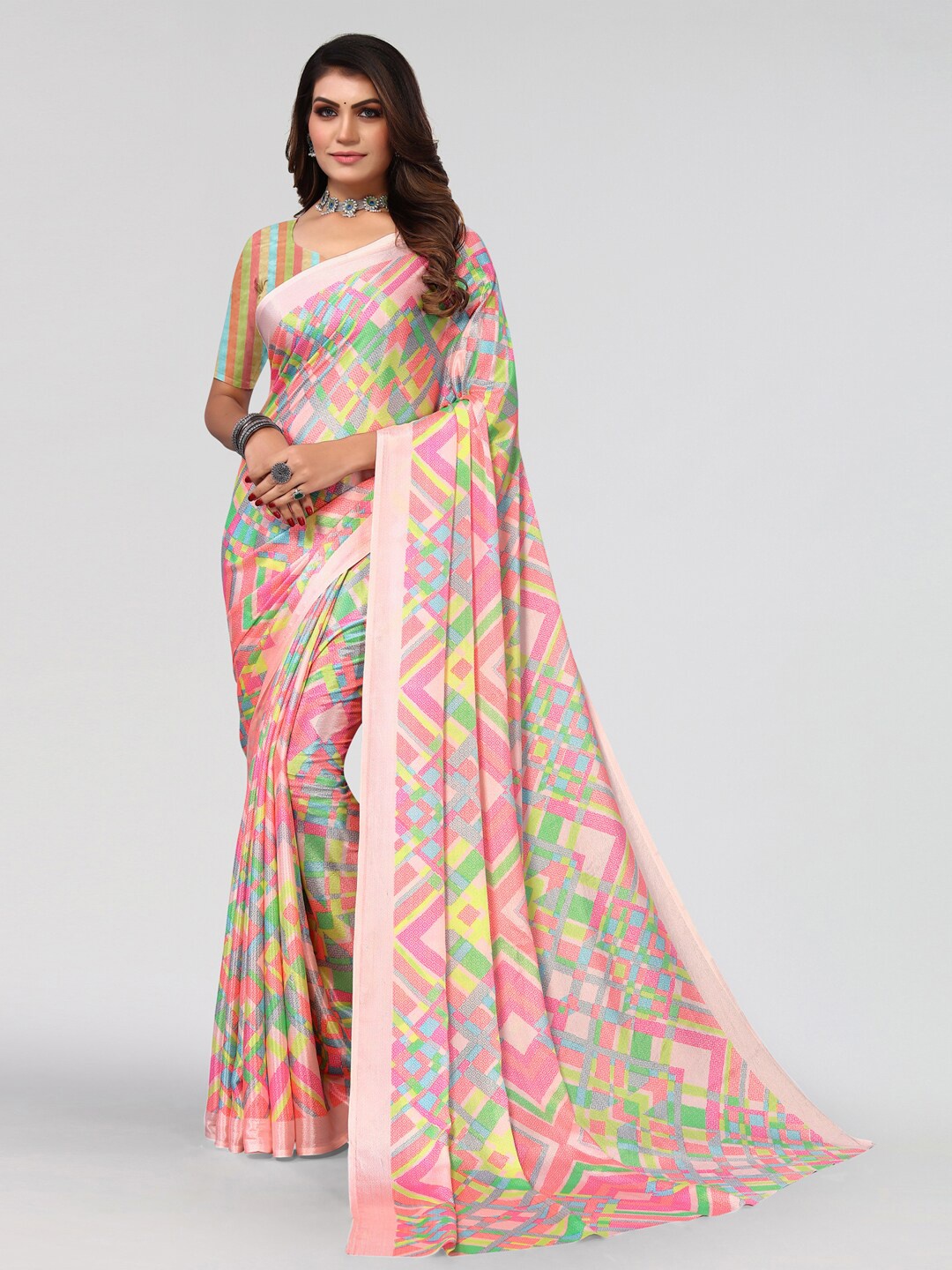 

KALINI Geometric Print Saree, Pink