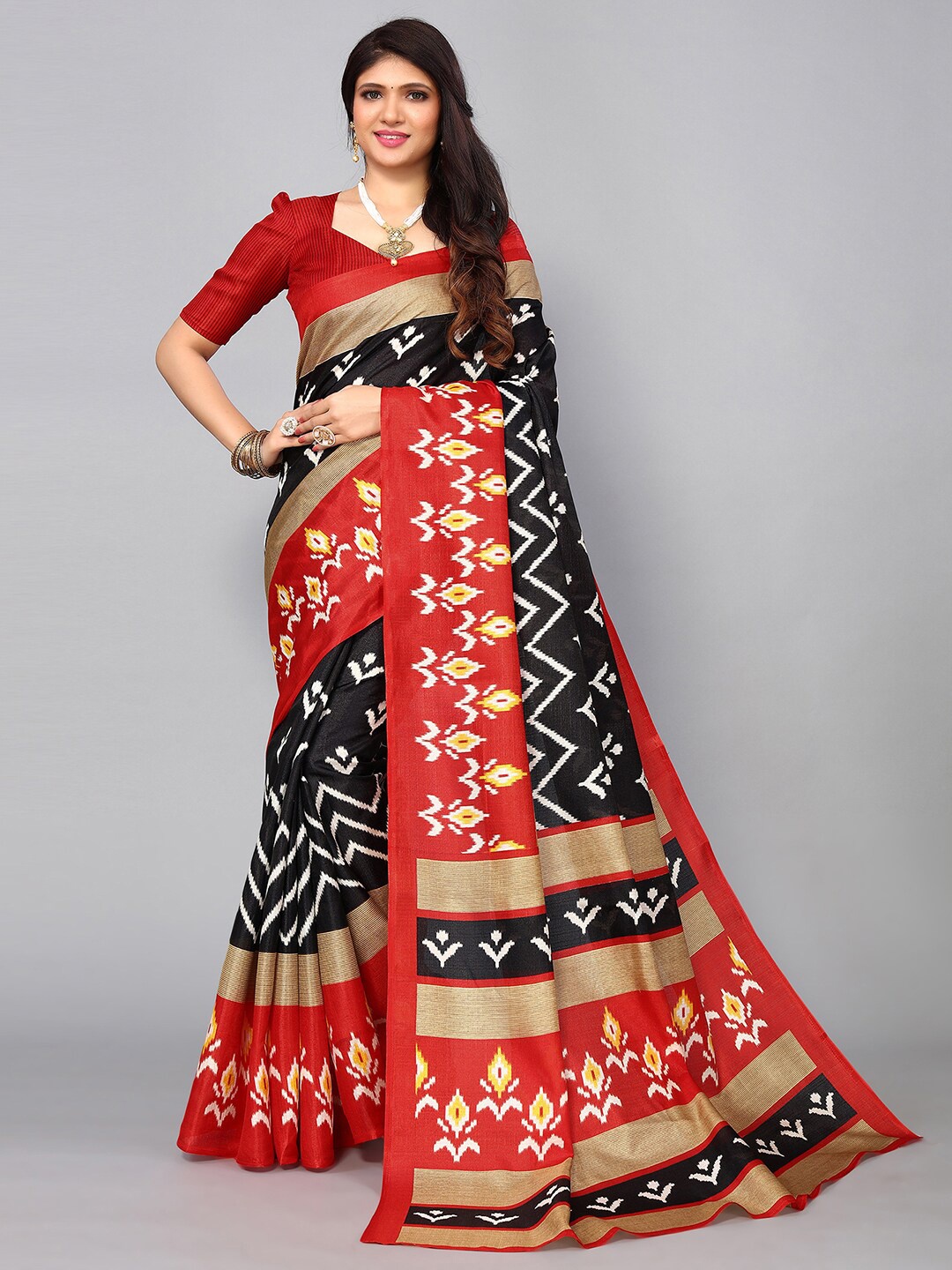 

KALINI Ethnic Motifs Silk Blend Saree, Red