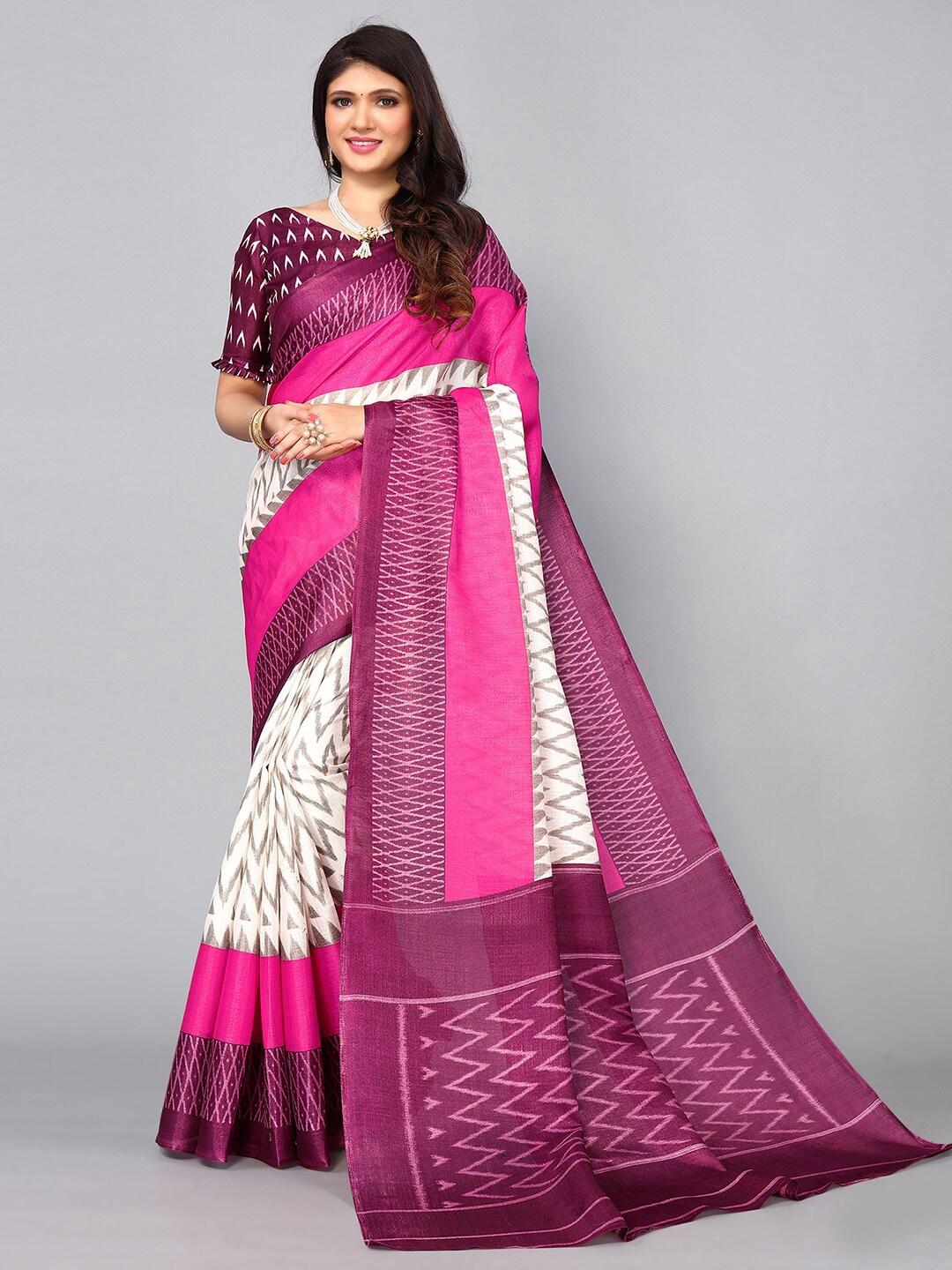 

KALINI Geometric Khadi Saree, Violet