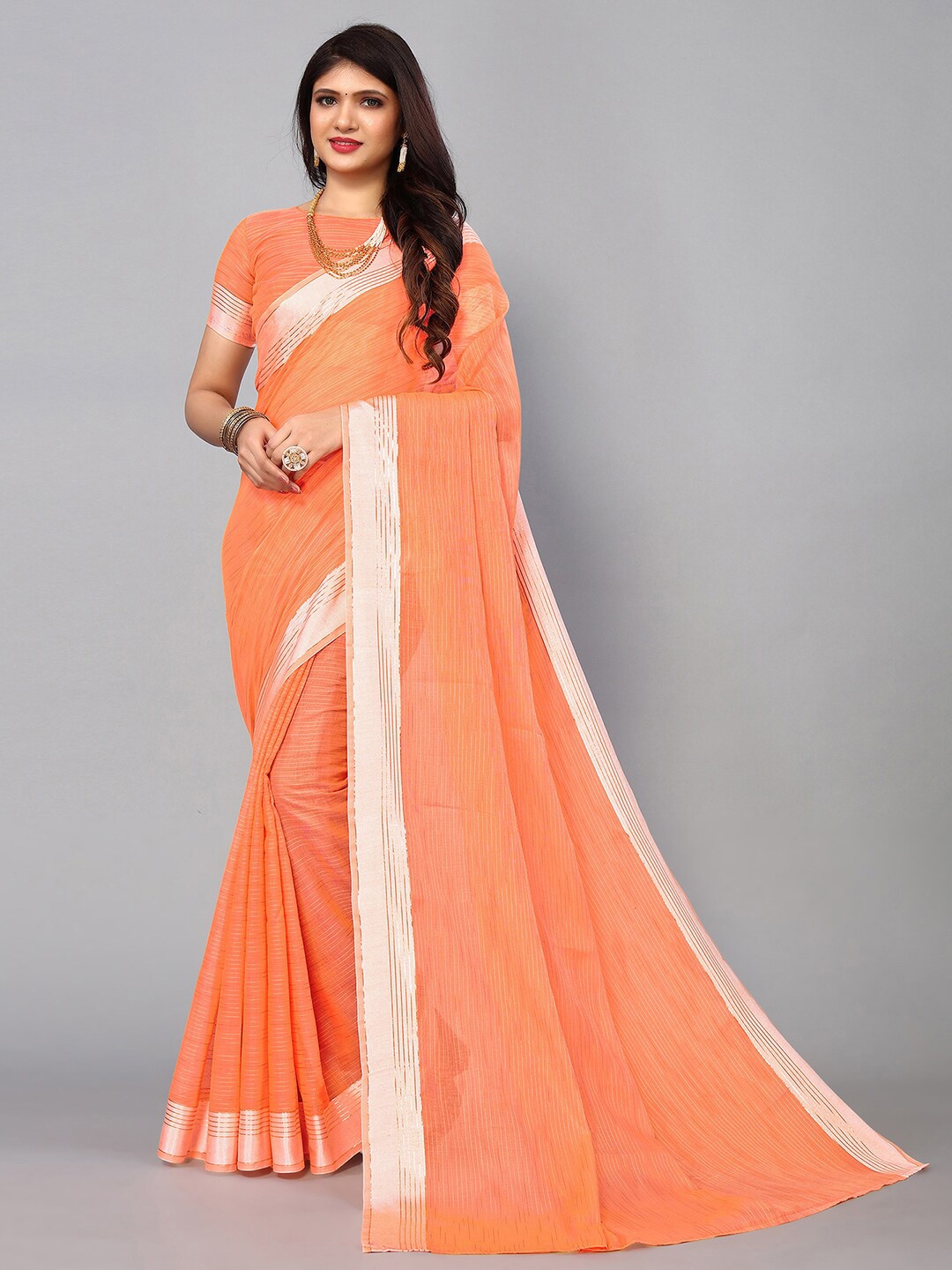 

KALINI Striped Zari Saree, Orange