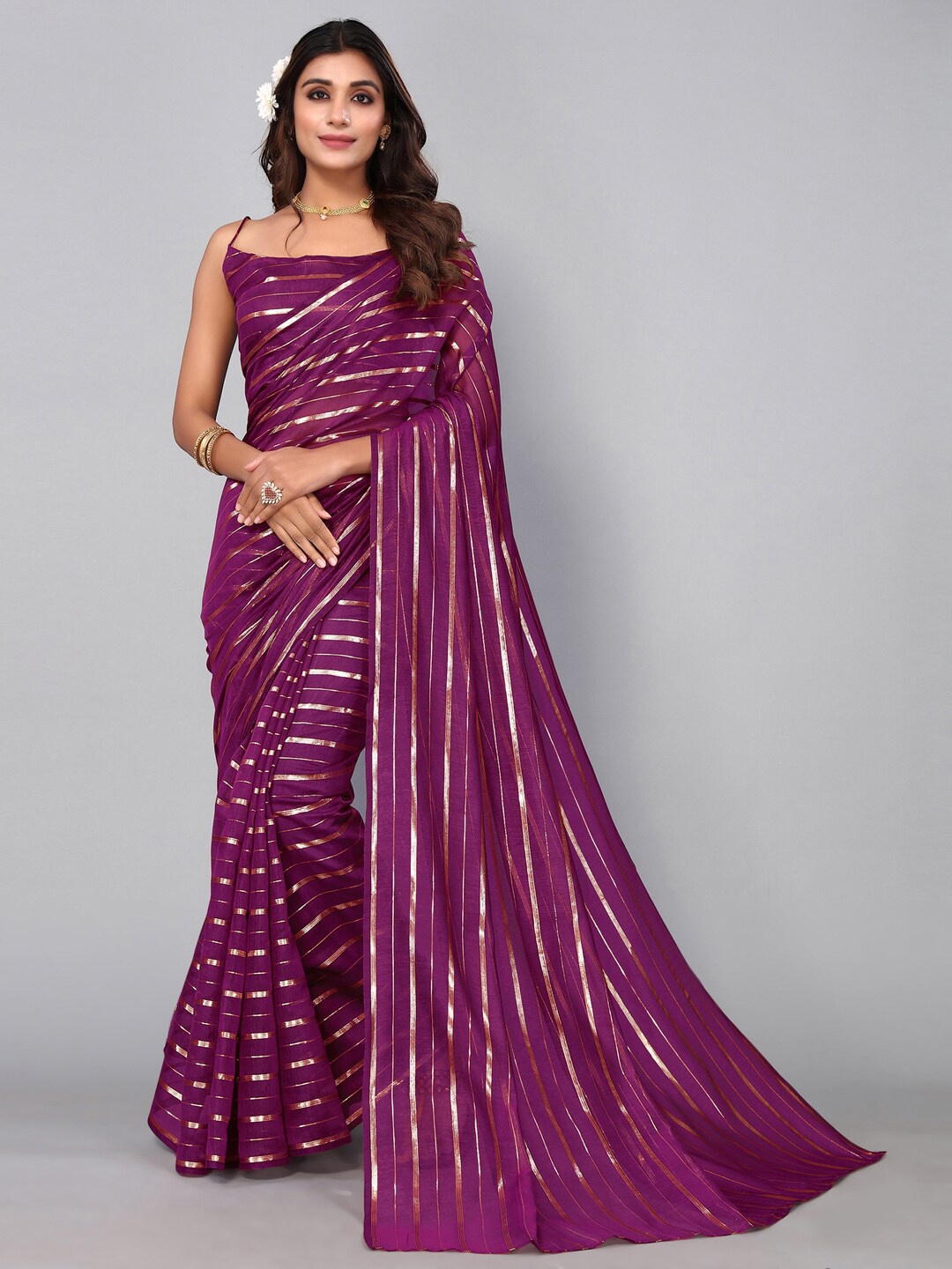 

KALINI Polycotton Striped Saree, Purple